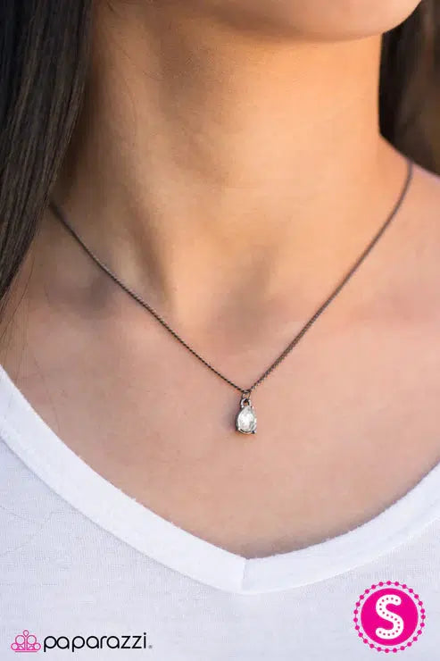 Stormy Nights Gunmetal Black & White Gem Necklace - Paparazzi Accessories- on model - CarasShop.com - Paparazzi Jewelry by Cara Jewels