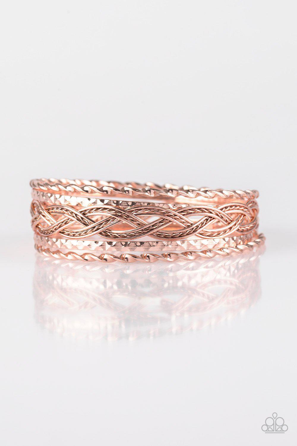 Straight Street Rose Gold Bangle Bracelet Set - Paparazzi Accessories- on model - CarasShop.com - Paparazzi Jewelry by Cara Jewels
