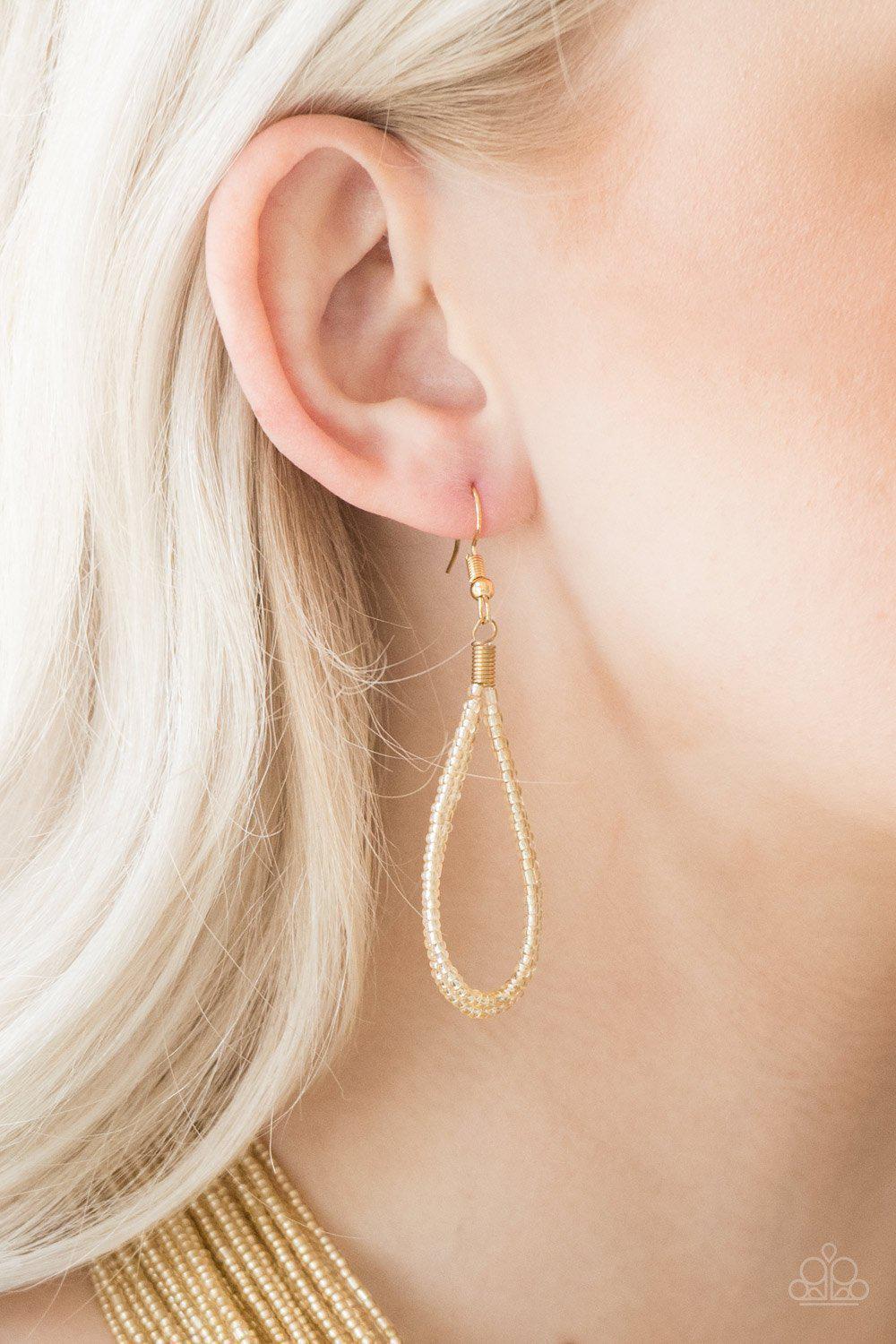 Streaming Starlight Gold Seed Bead Necklace and matching Earrings - Paparazzi Accessories - free matching earrings -CarasShop.com - Paparazzi Jewelry by Cara Jewels