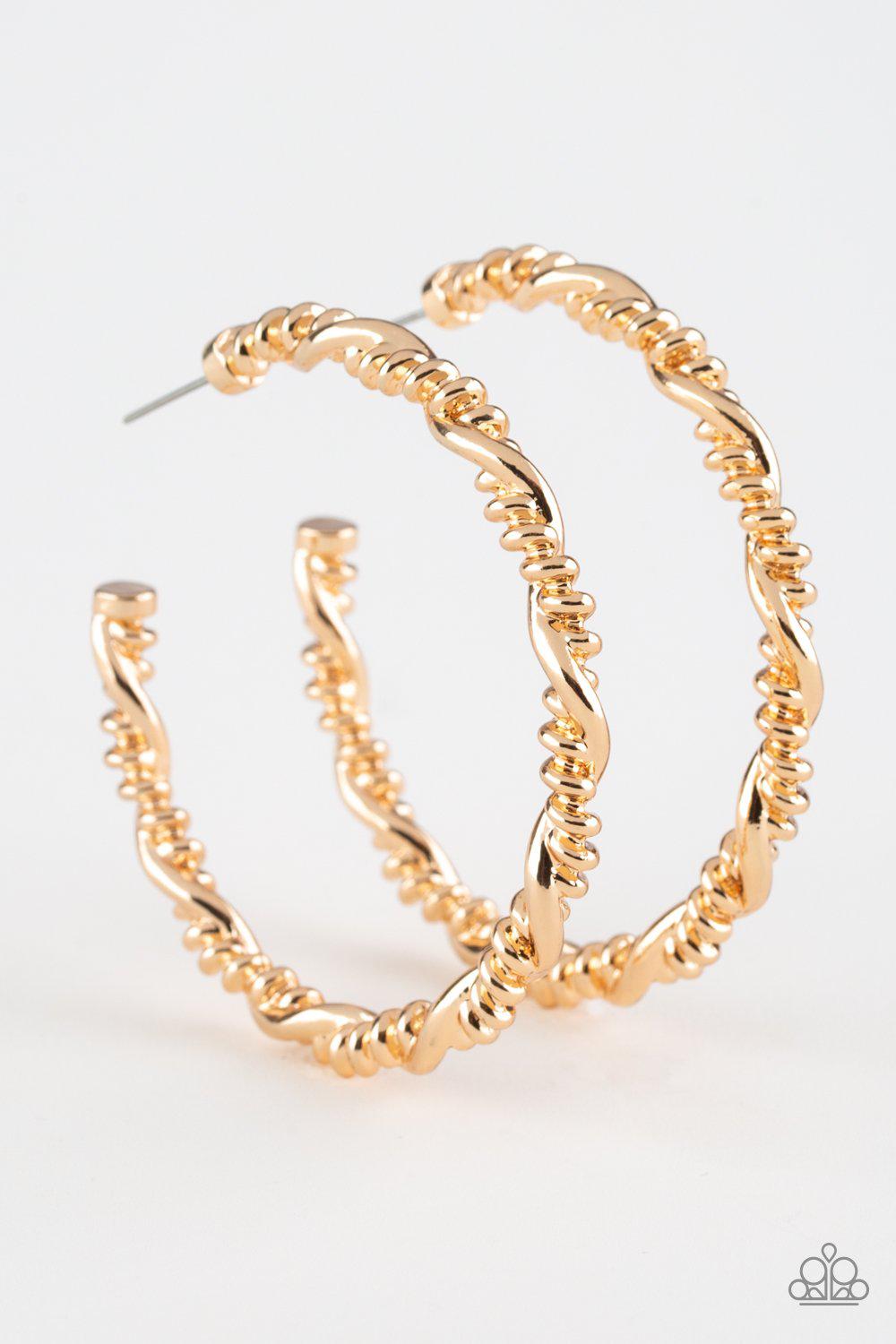 Street Mod Gold Hoop Earrings - Paparazzi Accessories- on model - CarasShop.com - Paparazzi Jewelry by Cara Jewels