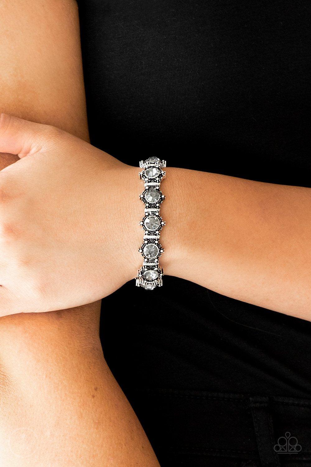 Strut Your Stuff Silver Rhinestone Stretch Bracelet - Paparazzi Accessories- lightbox - CarasShop.com - Paparazzi Jewelry by Cara Jewels