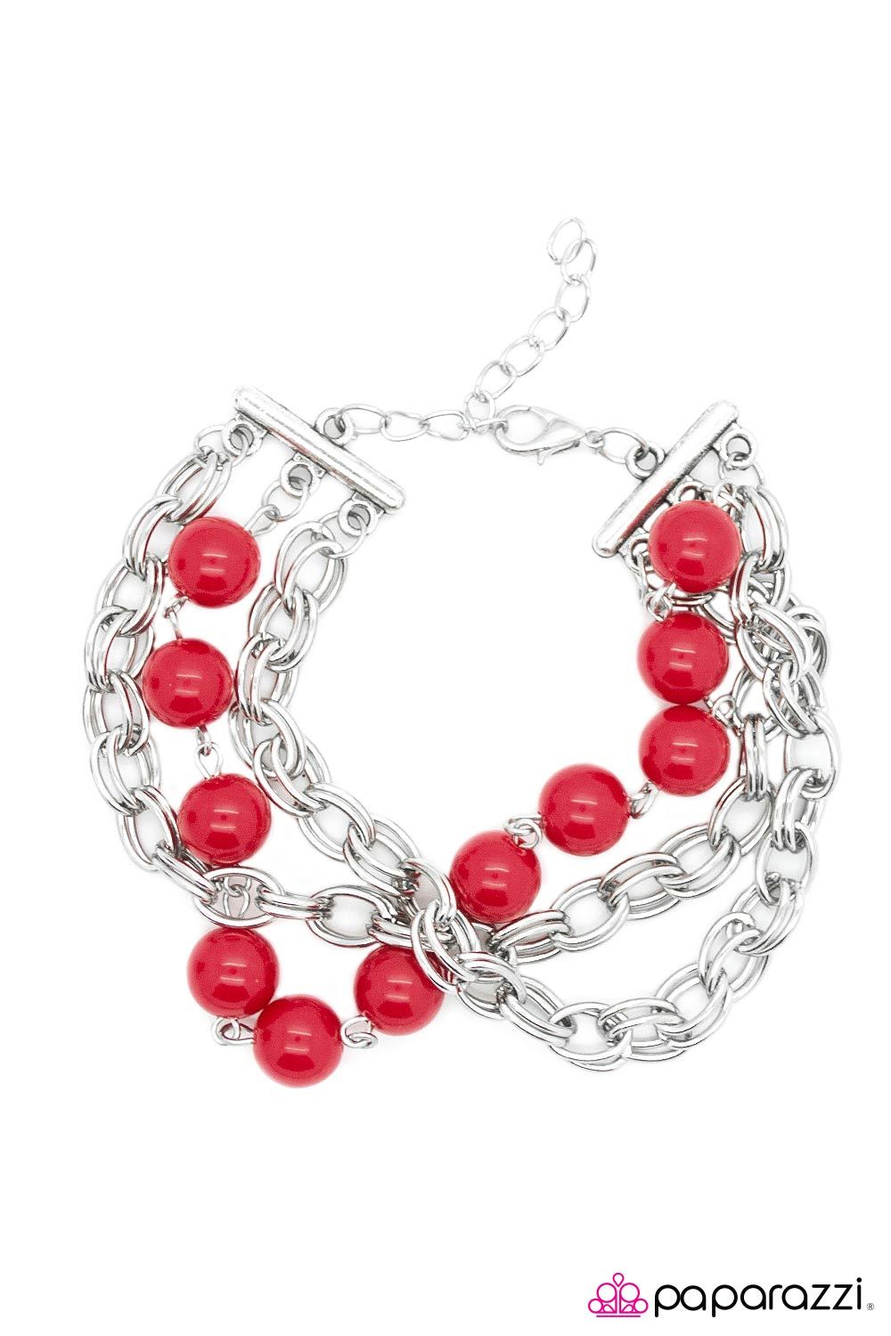 Stuck In The Middle Red and Silver Bracelet - Paparazzi Accessories- on model - CarasShop.com - Paparazzi Jewelry by Cara Jewels