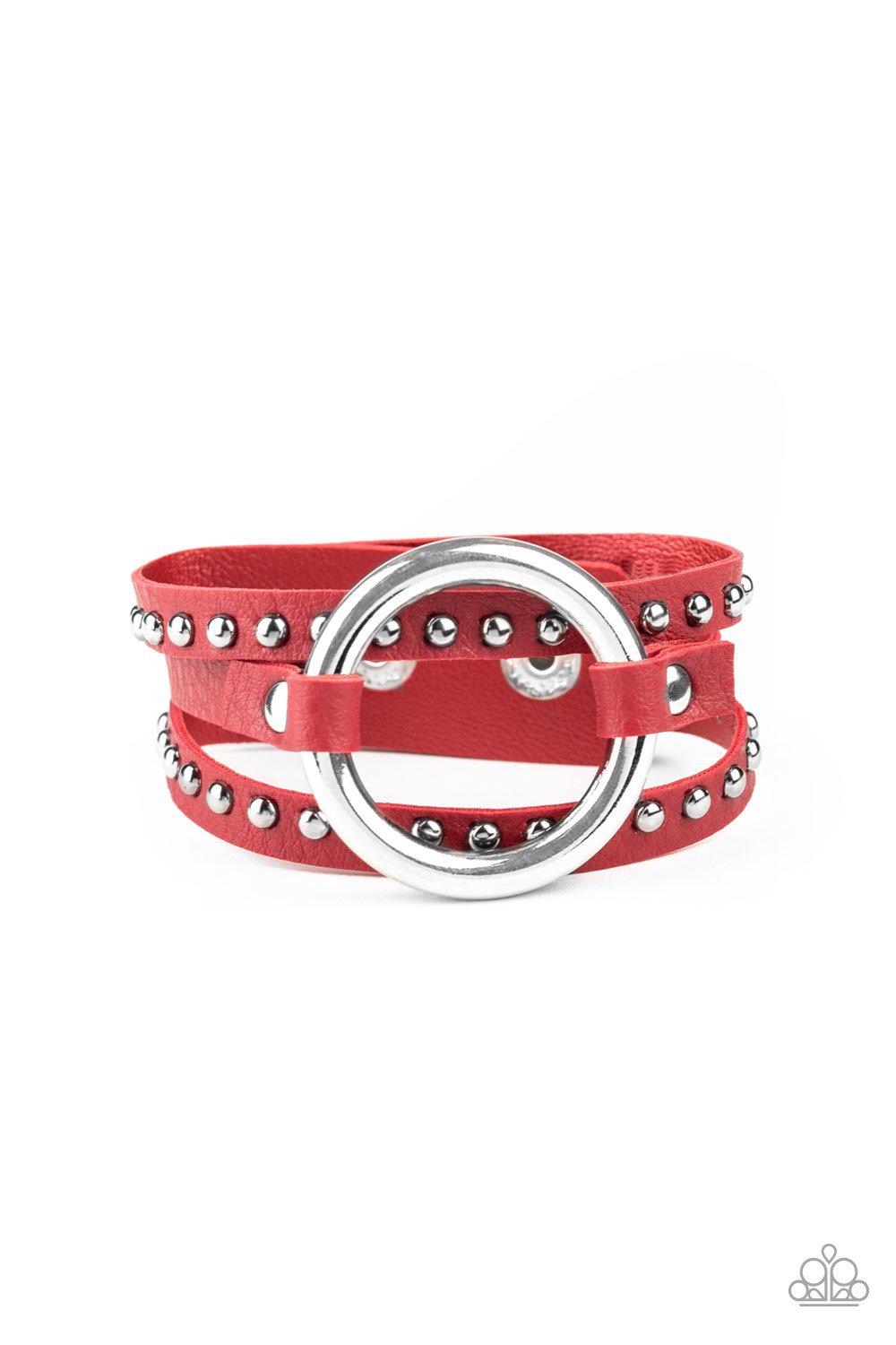 Studded Statement-Maker Red Leather Wrap Snap Bracelet - Paparazzi Accessories- on model - CarasShop.com - Paparazzi Jewelry by Cara Jewels