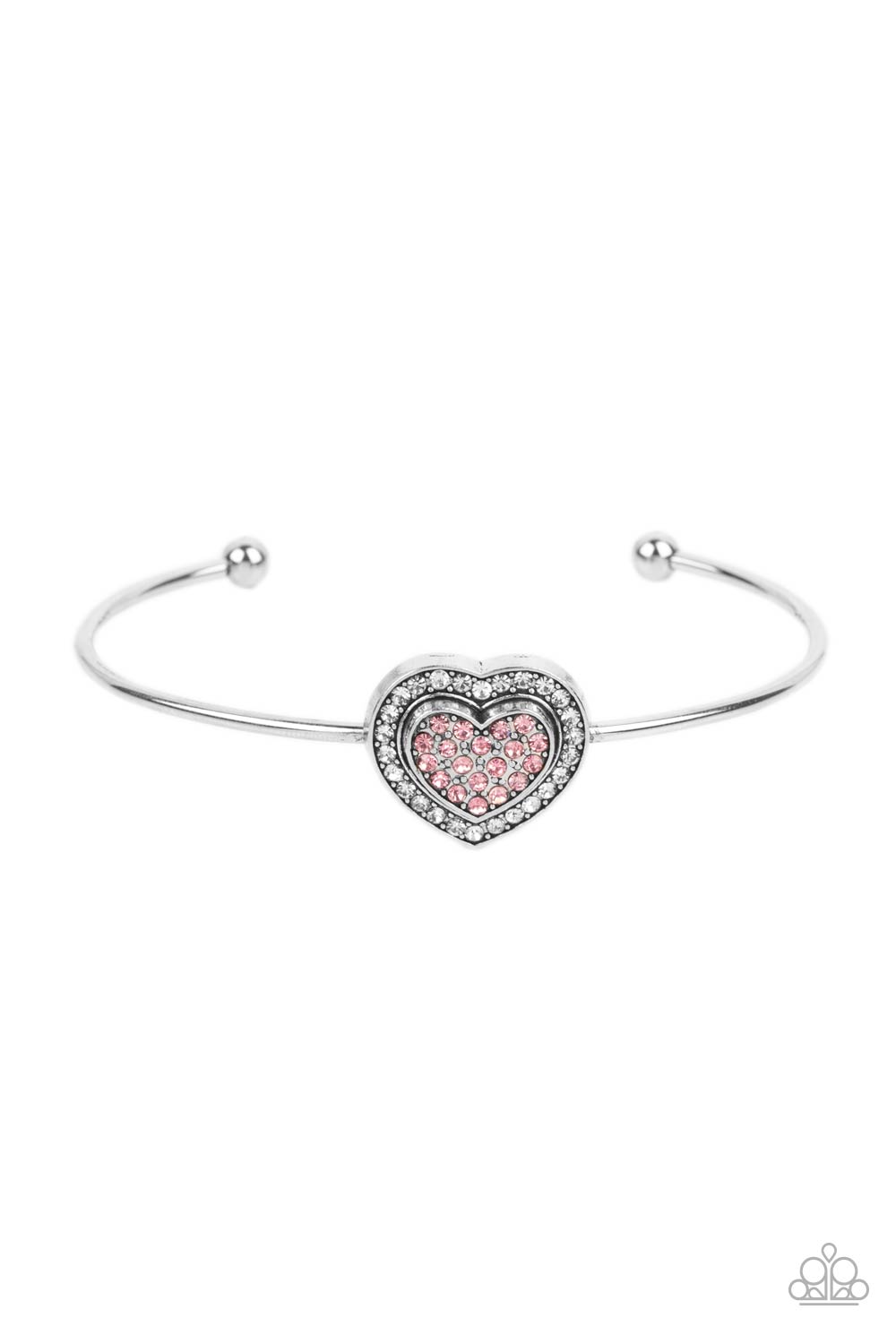 Stunning Soulmates Pink Rhinestone Heart Cuff Bracelet - Paparazzi Accessories- lightbox - CarasShop.com - Paparazzi Jewelry by Cara Jewels
