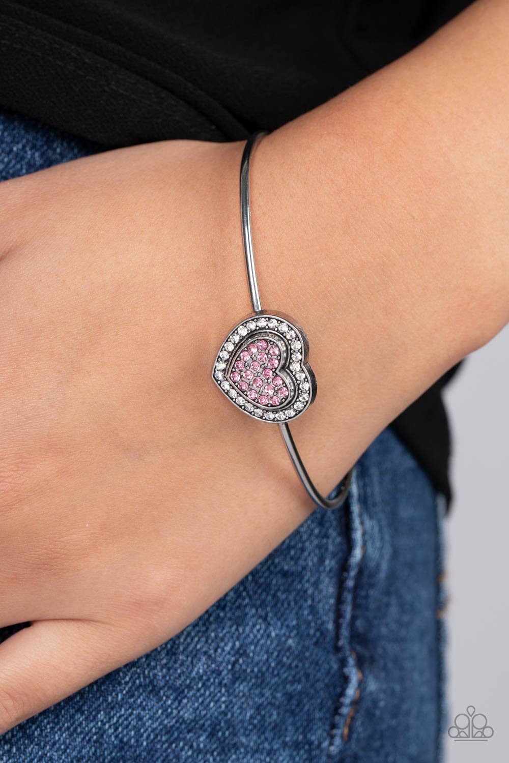 Stunning Soulmates Pink Rhinestone Heart Cuff Bracelet - Paparazzi Accessories- lightbox - CarasShop.com - Paparazzi Jewelry by Cara Jewels