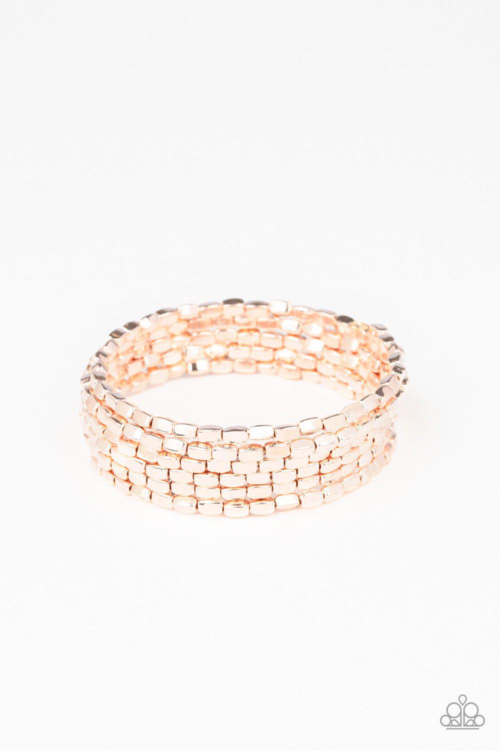 Stunningly Stacked Rose Gold Wire Wrap Bracelet - Paparazzi Accessories- on model - CarasShop.com - Paparazzi Jewelry by Cara Jewels