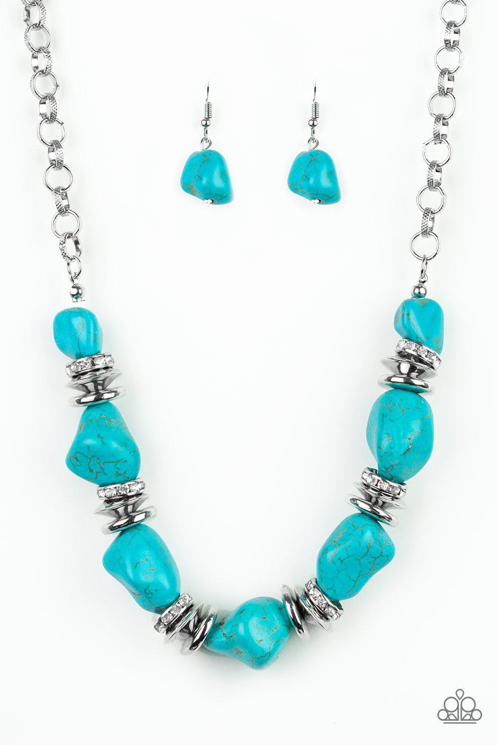 Stunningly Stone Age Silver and Turquoise Blue Stone Necklace - Paparazzi Accessories- on model - CarasShop.com - Paparazzi Jewelry by Cara Jewels