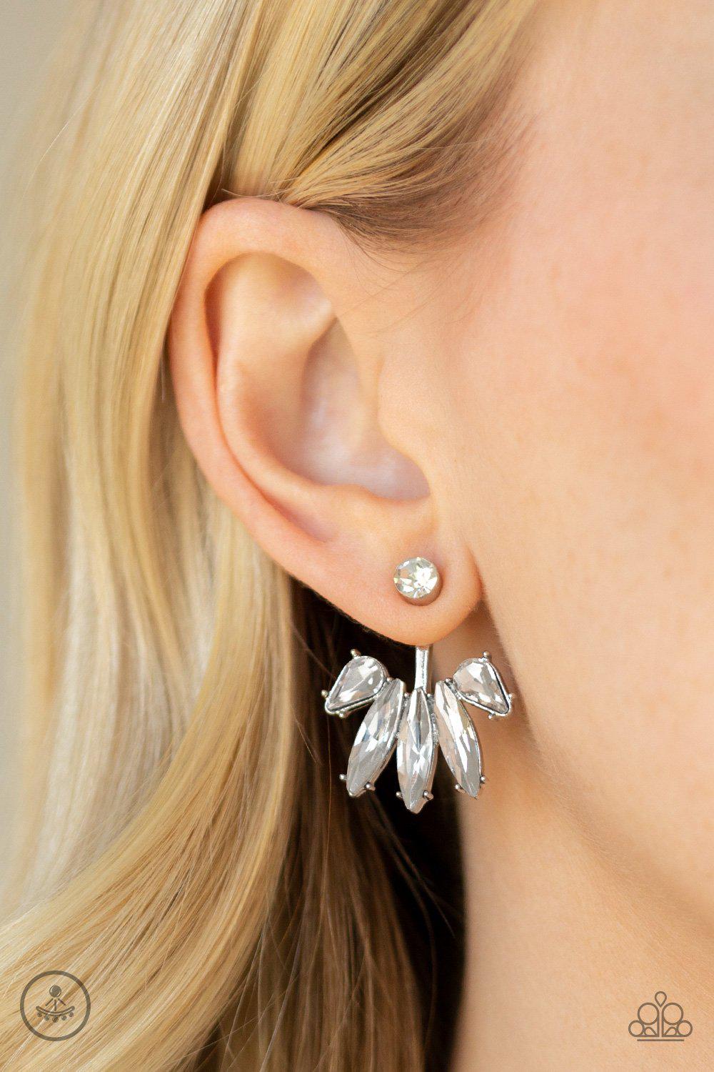 Stunningly Striking White Rhinestone Double-sided Post Earrings - Paparazzi Accessories- on model - CarasShop.com - Paparazzi Jewelry by Cara Jewels