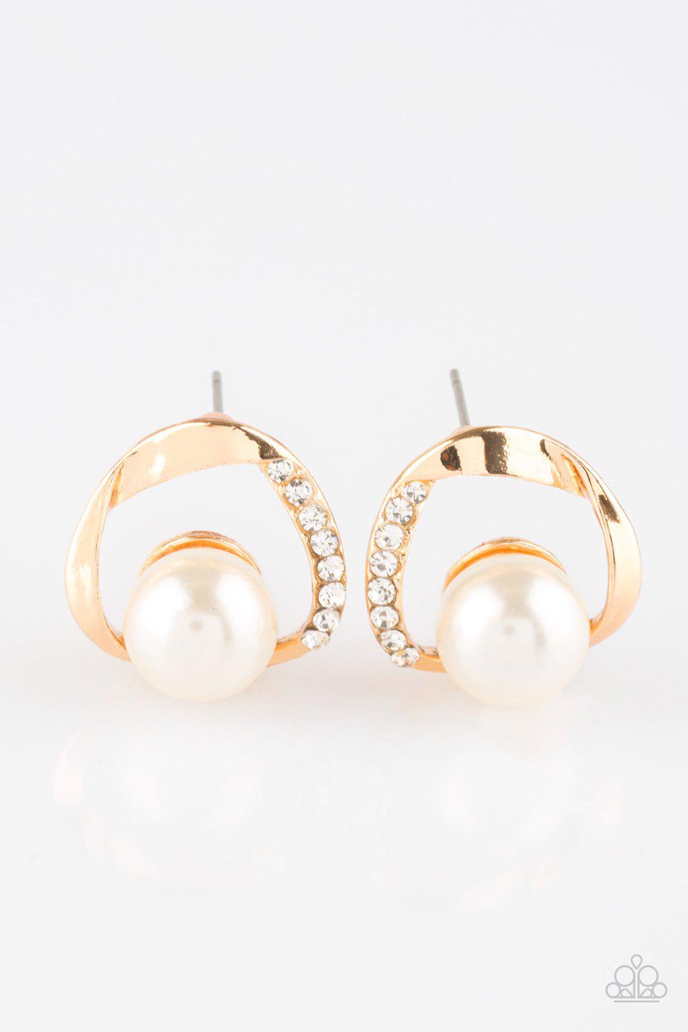 Stylishly Suave Gold and White Pearl Earrings - Paparazzi Accessories- on model - CarasShop.com - Paparazzi Jewelry by Cara Jewels