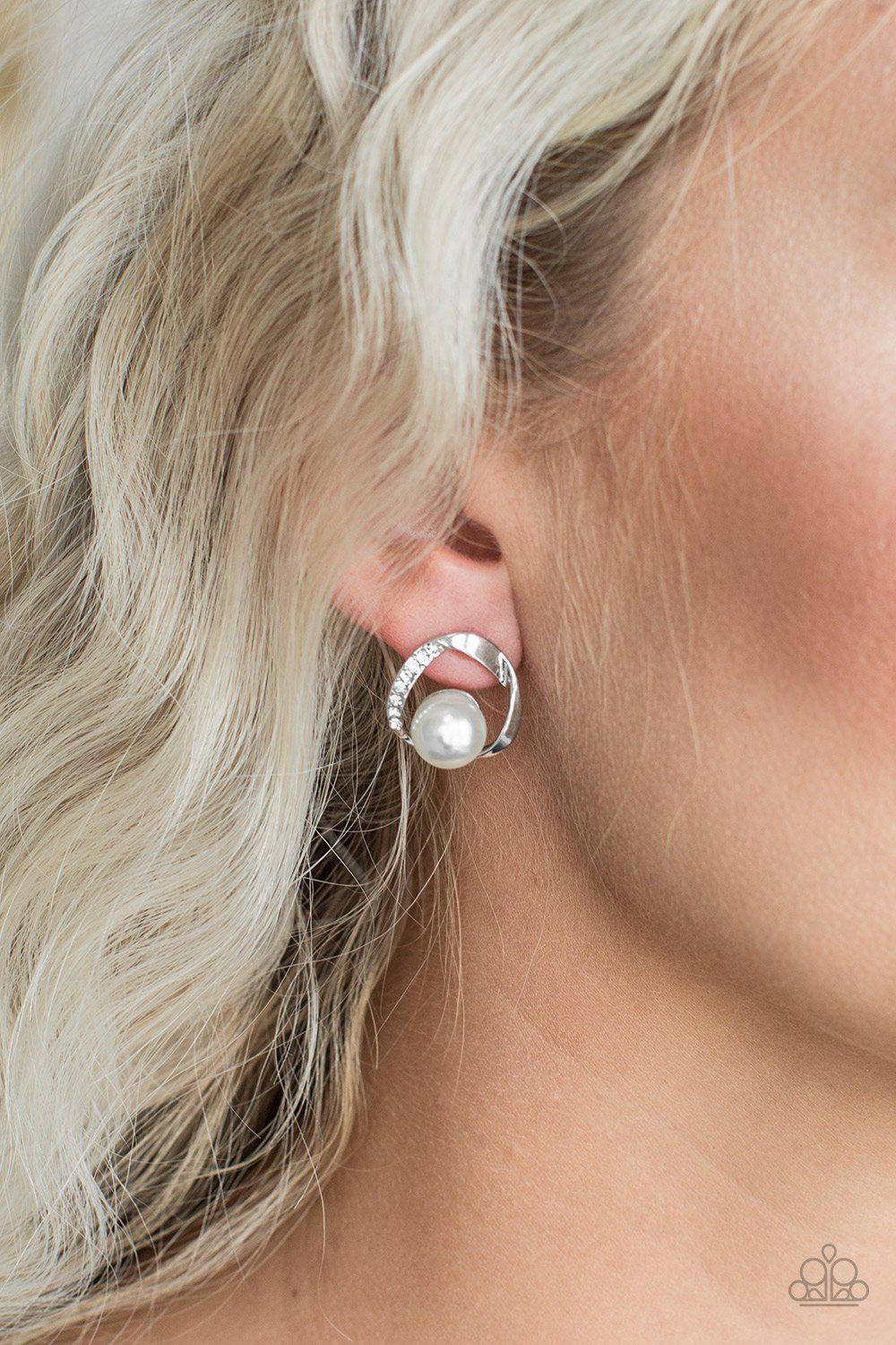 Stylishly Suave Silver and White Pearl Earrings - Paparazzi Accessories- lightbox - CarasShop.com - Paparazzi Jewelry by Cara Jewels