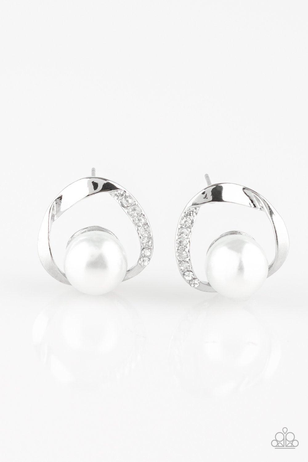 Stylishly Suave Silver and White Pearl Earrings - Paparazzi Accessories- on model - CarasShop.com - Paparazzi Jewelry by Cara Jewels