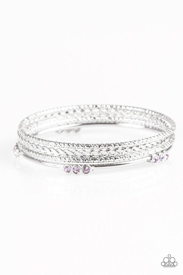 Subtle Shimmer Silver and Purple Bangle Bracelet Set - Paparazzi Accessories- on model - CarasShop.com - Paparazzi Jewelry by Cara Jewels
