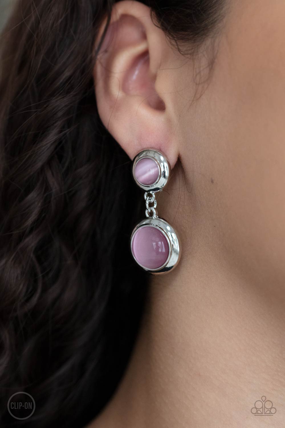 Subtle Smolder Pink Cat's Eye Stone Clip-on Earrings - Paparazzi Accessories- on model - CarasShop.com - Paparazzi Jewelry by Cara Jewels
