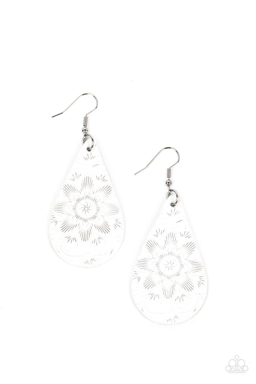 Subtropical Seasons White Leather Earrings - Paparazzi Accessories- lightbox - CarasShop.com - Paparazzi Jewelry by Cara Jewels