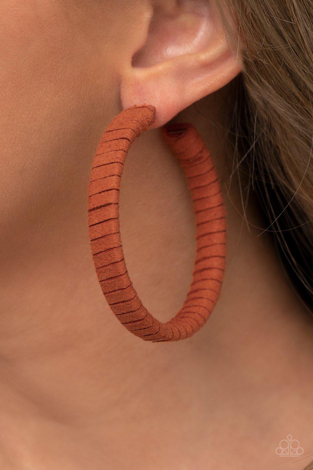 Suede Parade Orange Suede Hoop Earrings - Paparazzi Accessories- lightbox - CarasShop.com - Paparazzi Jewelry by Cara Jewels