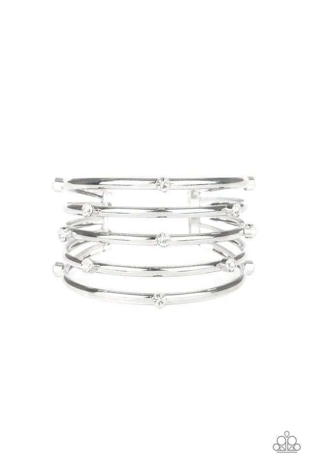 Sugarlicious Sparkle White Cuff Bracelet - Paparazzi Accessories- lightbox - CarasShop.com - Paparazzi Jewelry by Cara Jewels