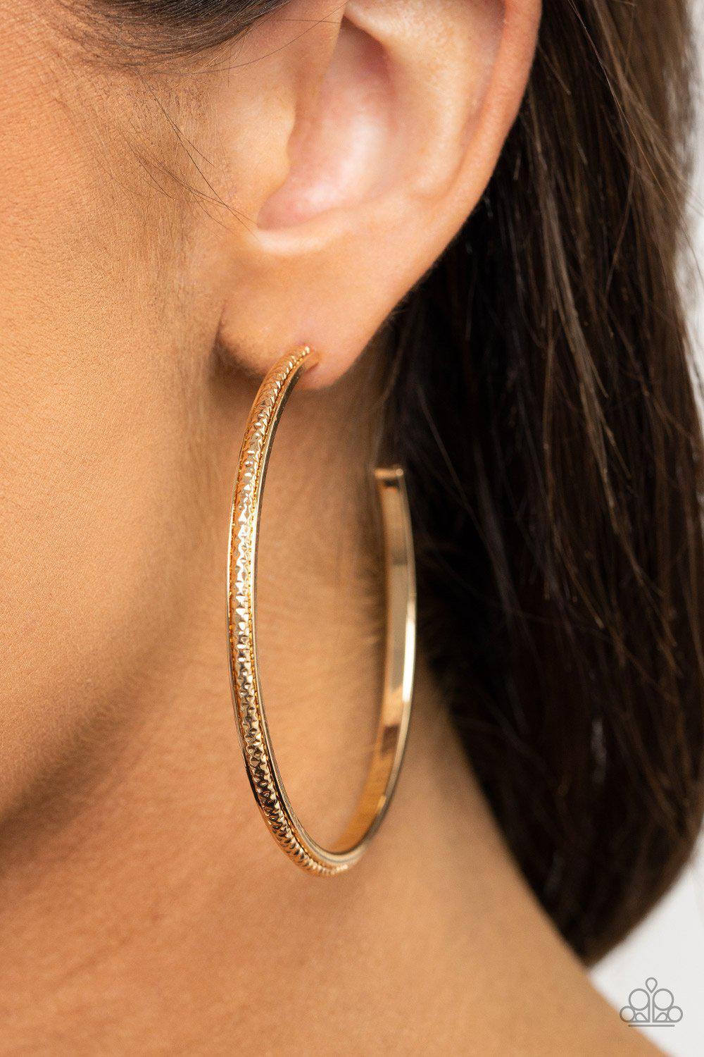 Sultry Shimmer Gold Hoop Earrings - Paparazzi Accessories- lightbox - CarasShop.com - Paparazzi Jewelry by Cara Jewels