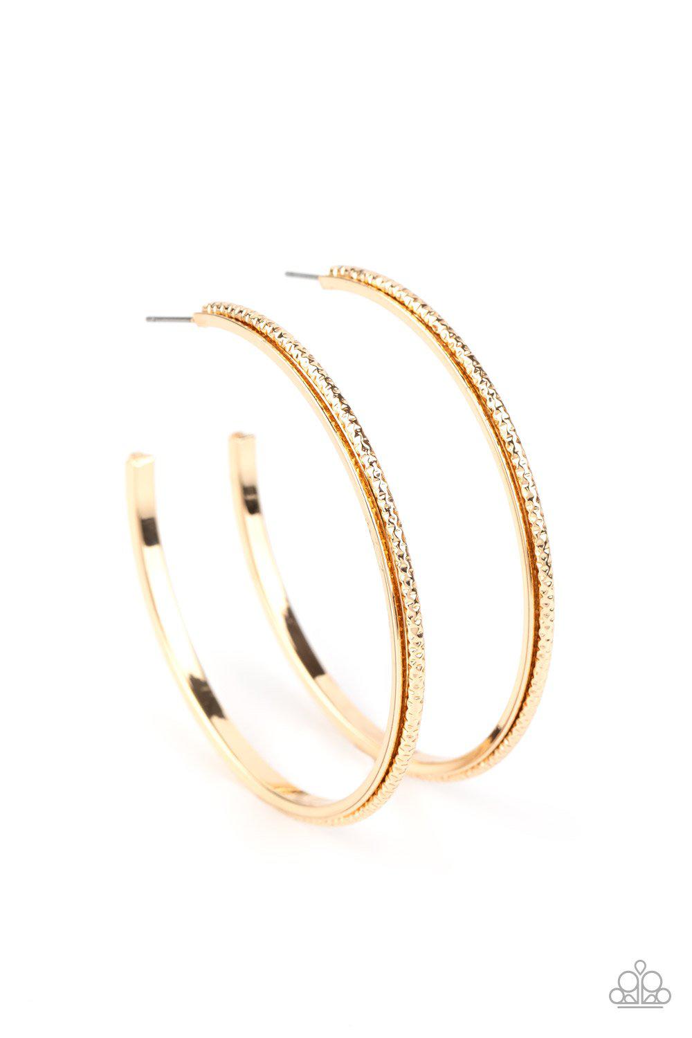 Sultry Shimmer Gold Hoop Earrings - Paparazzi Accessories- on model - CarasShop.com - Paparazzi Jewelry by Cara Jewels