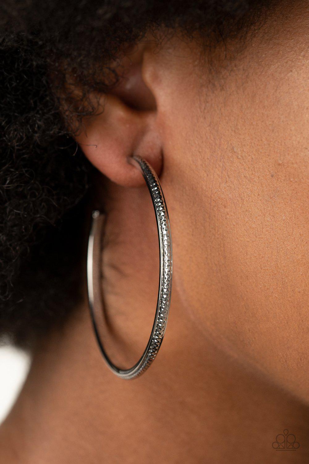 Sultry Shimmer Gunmetal Black Hoop Earrings - Paparazzi Accessories- on model - CarasShop.com - Paparazzi Jewelry by Cara Jewels