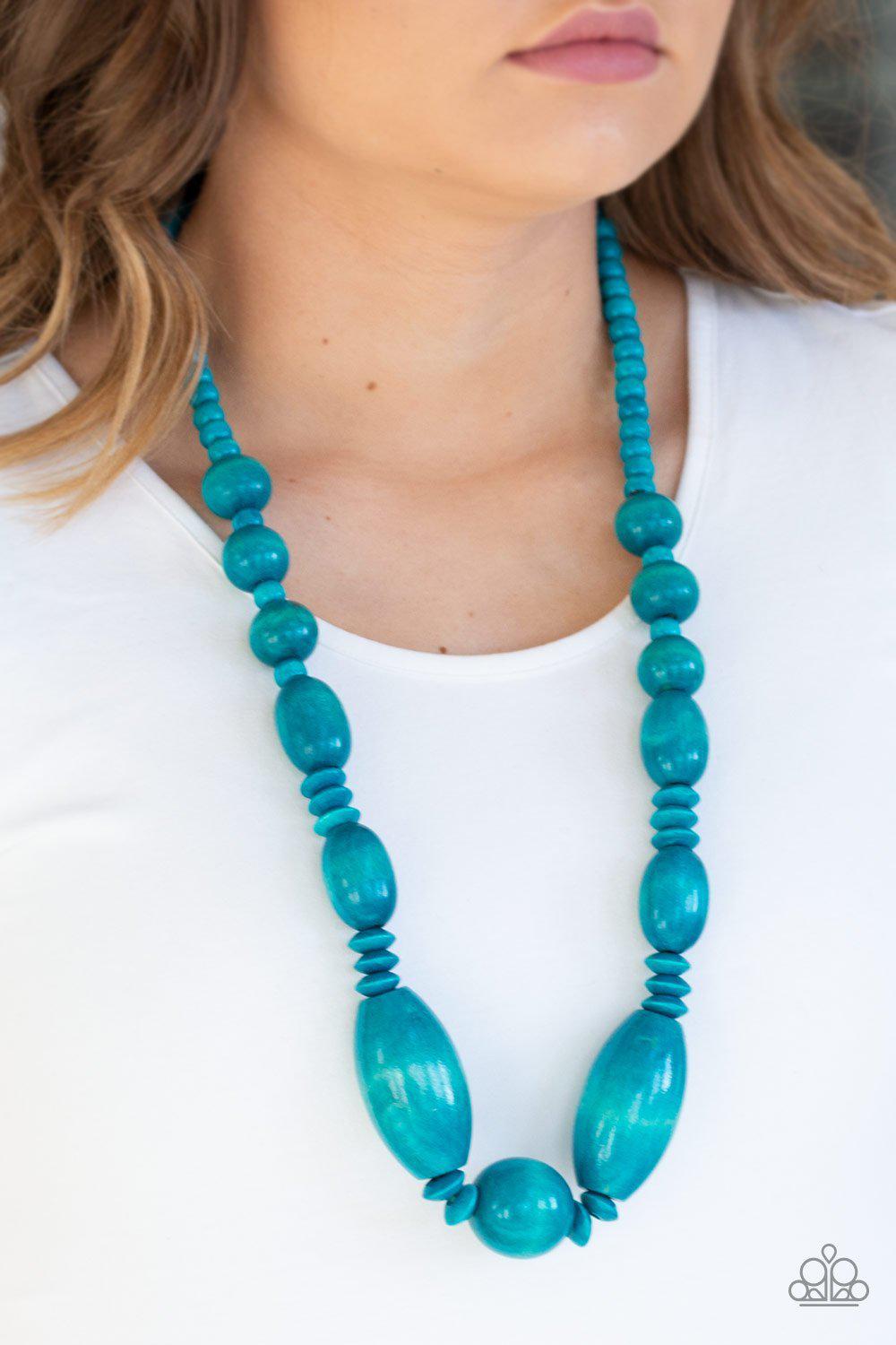 Summer Breezin' Blue Wood Necklace and matching Earrings - Paparazzi Accessories- on model - CarasShop.com - Paparazzi Jewelry by Cara Jewels