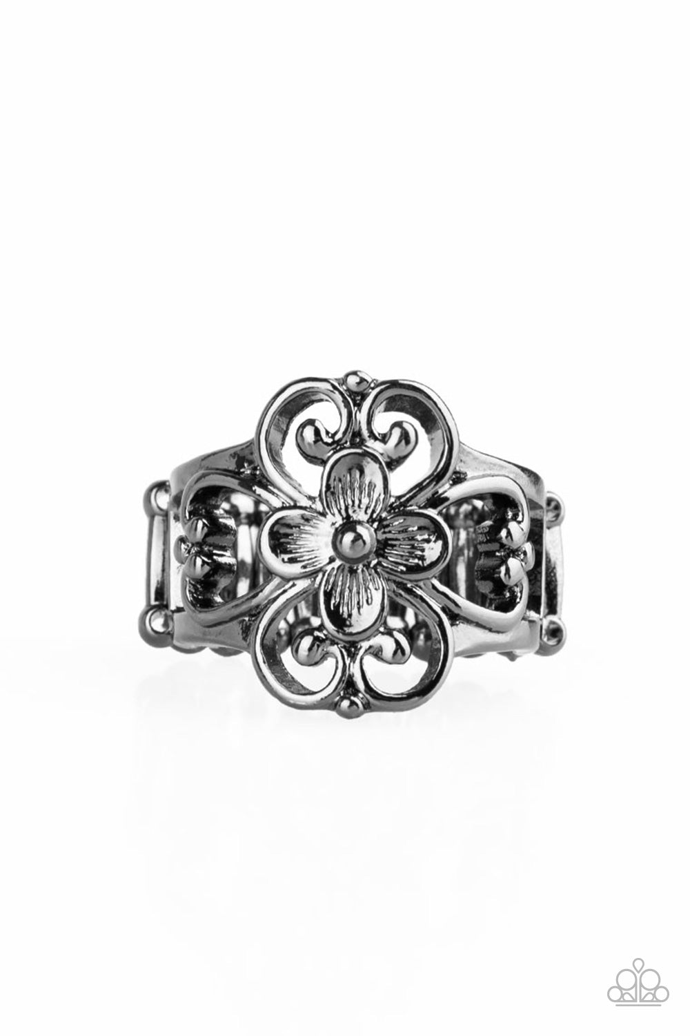 Summer Eden Black Gunmetal Ring - Paparazzi Accessories- on model - CarasShop.com - Paparazzi Jewelry by Cara Jewels