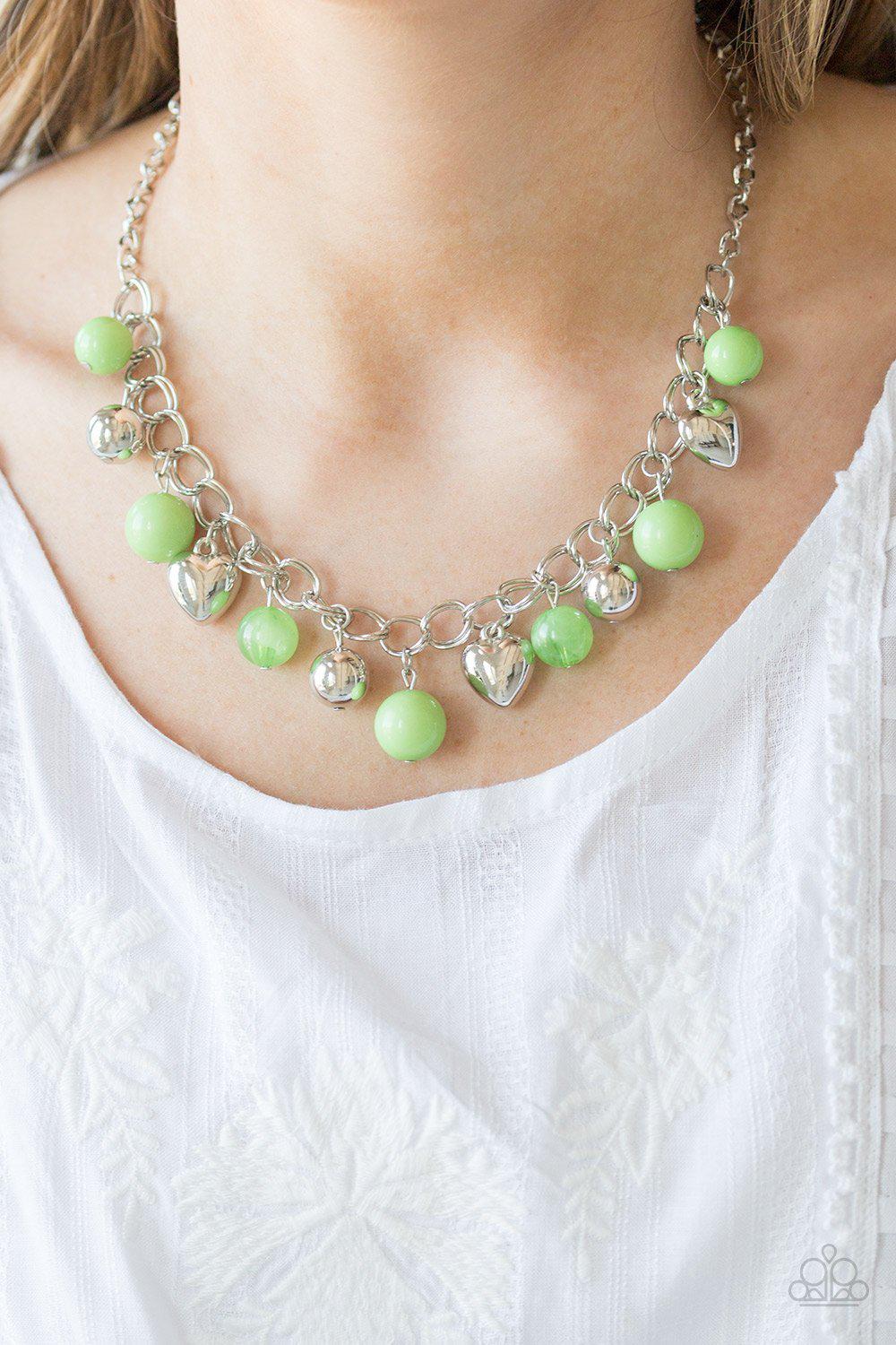 Summer Fling Green and Silver Heart Necklace - Paparazzi Accessories- on model - CarasShop.com - Paparazzi Jewelry by Cara Jewels