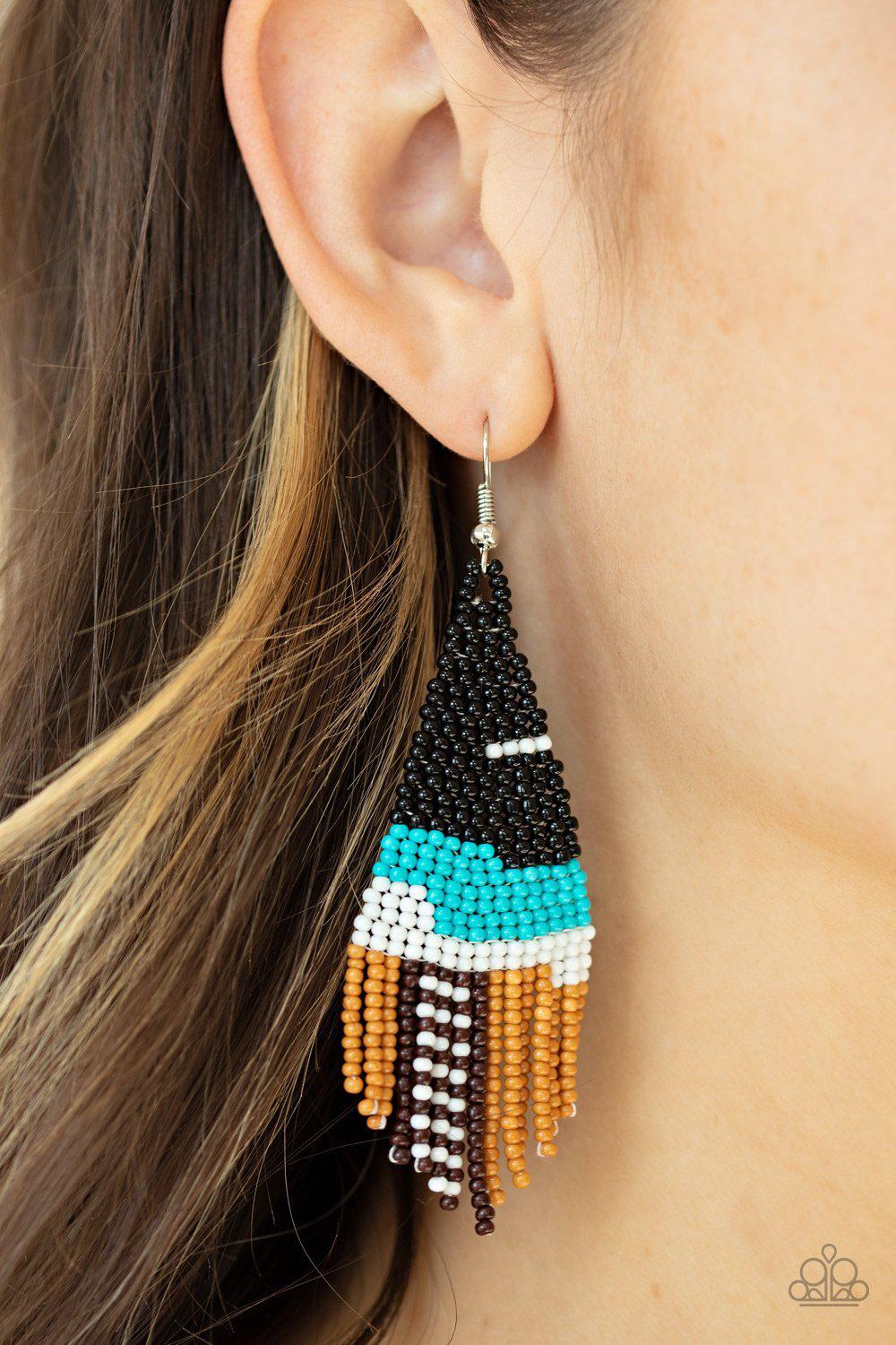 Summer Heat Black and Turquoise Blue Seed Bead Earrings - Paparazzi Accessories- lightbox - CarasShop.com - Paparazzi Jewelry by Cara Jewels