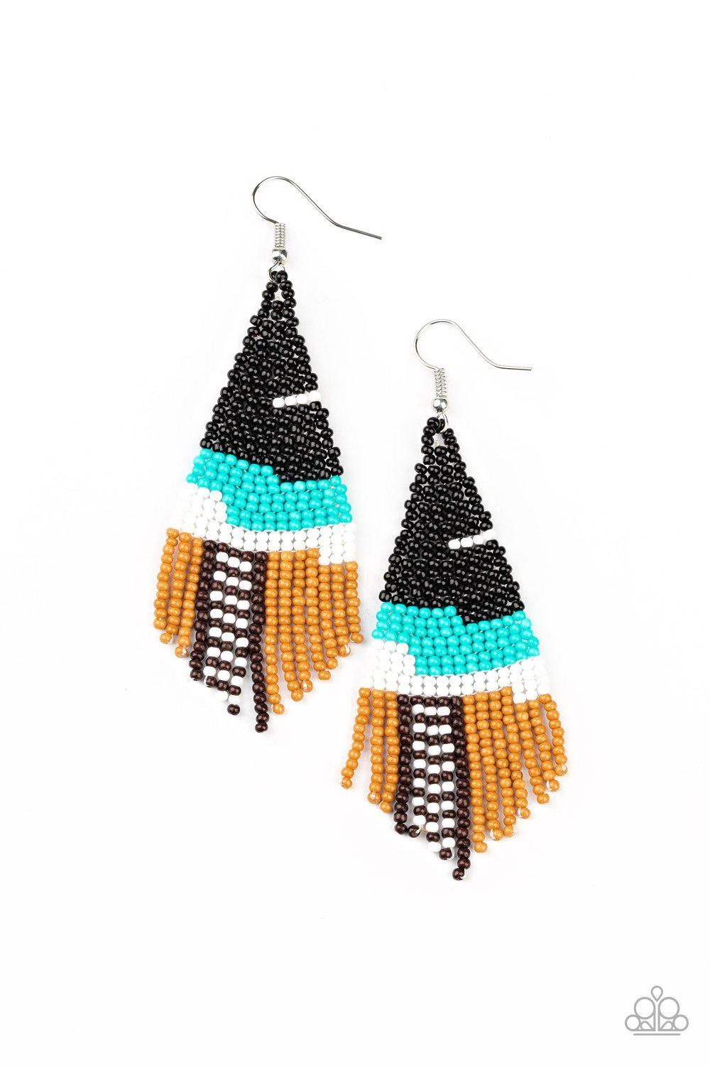 Summer Heat Black and Turquoise Blue Seed Bead Earrings - Paparazzi Accessories- on model - CarasShop.com - Paparazzi Jewelry by Cara Jewels