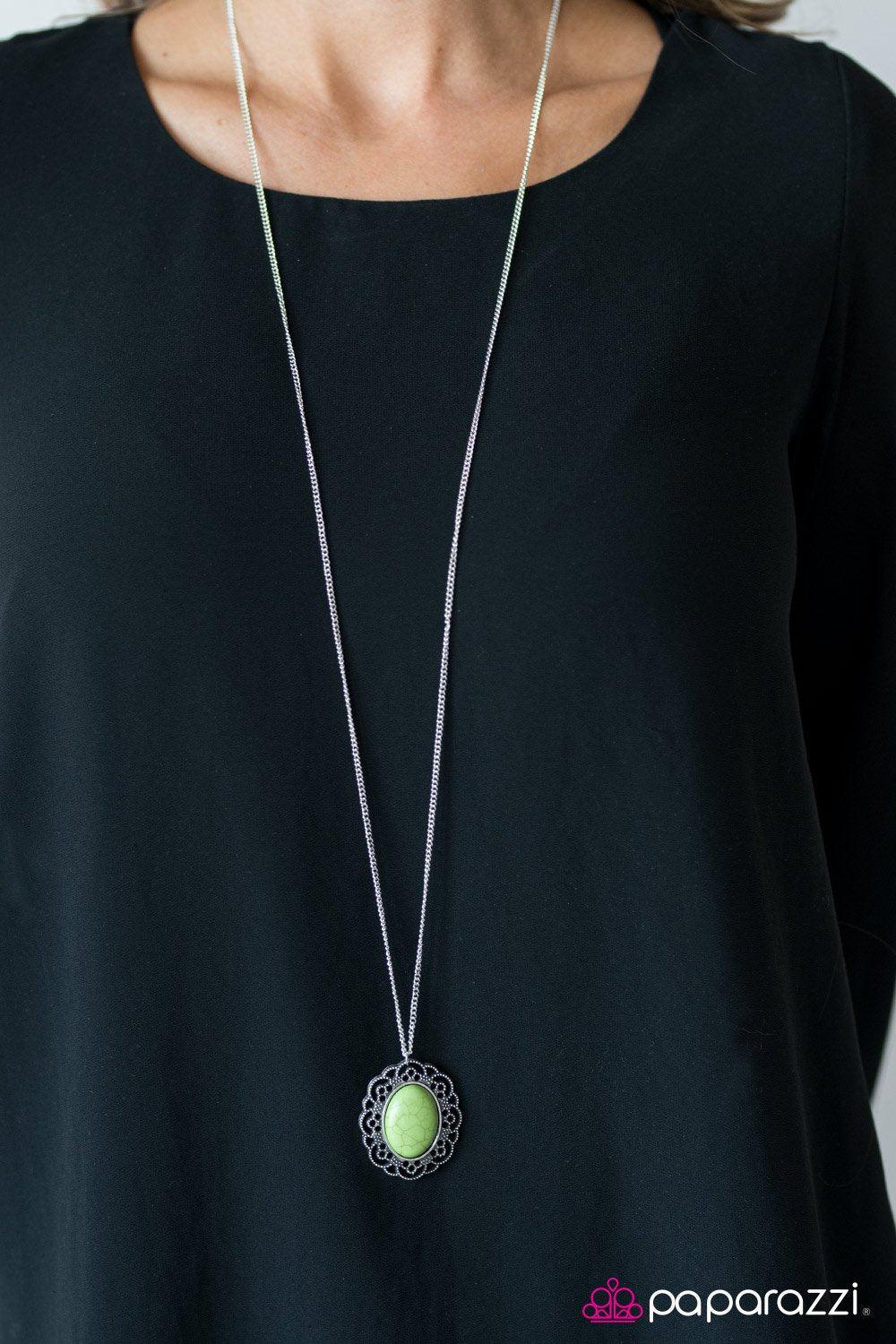 Summer Ranch Green Stone and Silver Necklace - Paparazzi Accessories- on model - CarasShop.com - Paparazzi Jewelry by Cara Jewels