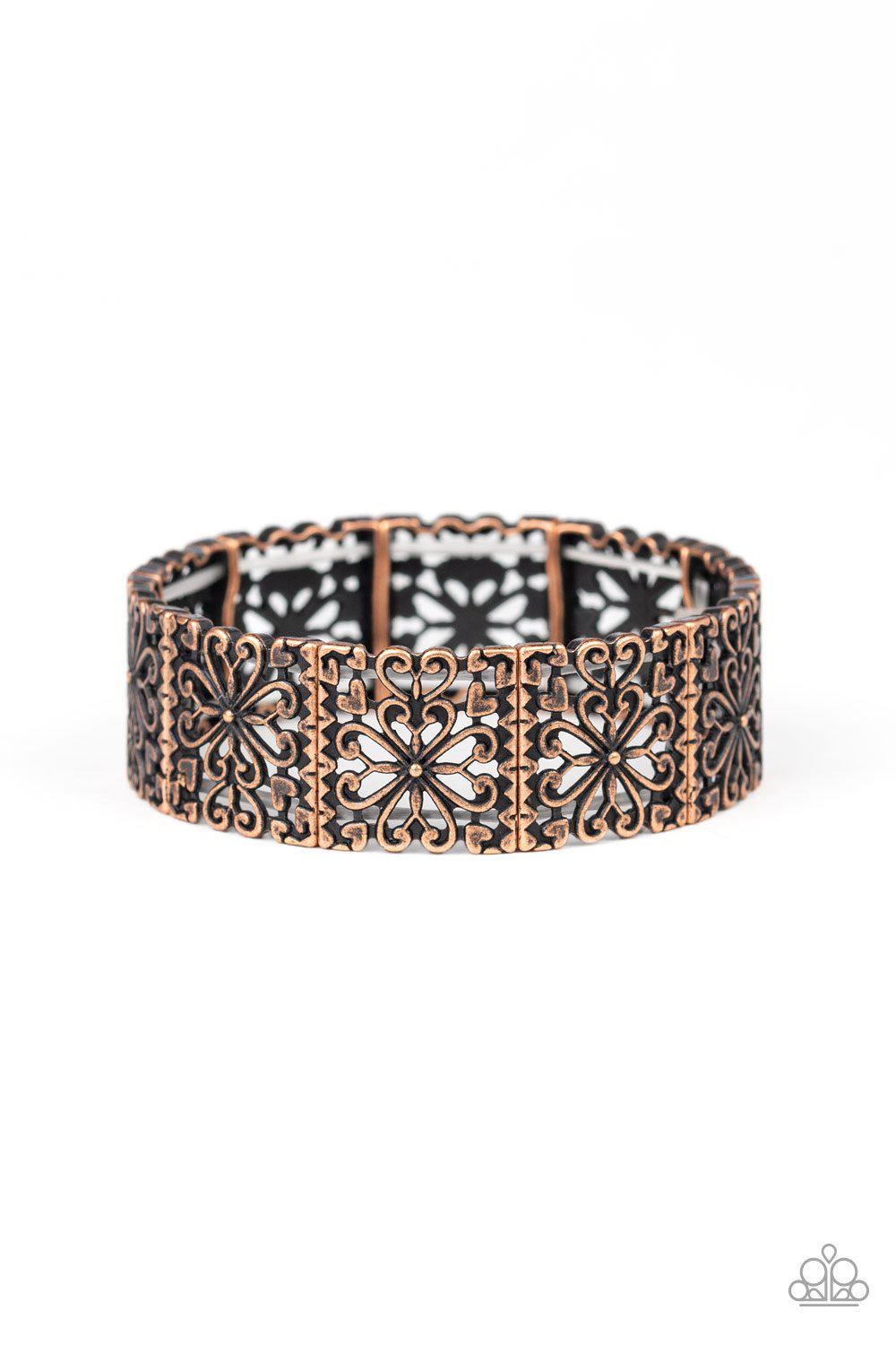 Summer Scandal Copper Filigree Bracelet - Paparazzi Accessories- on model - CarasShop.com - Paparazzi Jewelry by Cara Jewels
