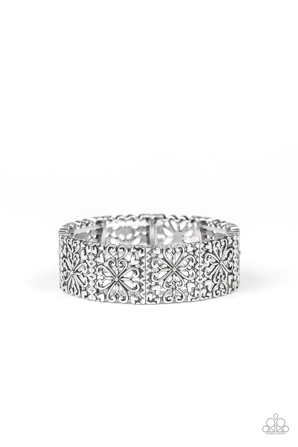 Summer Scandal Silver Filigree Stretch Bracelet - Paparazzi Accessories- on model - CarasShop.com - Paparazzi Jewelry by Cara Jewels