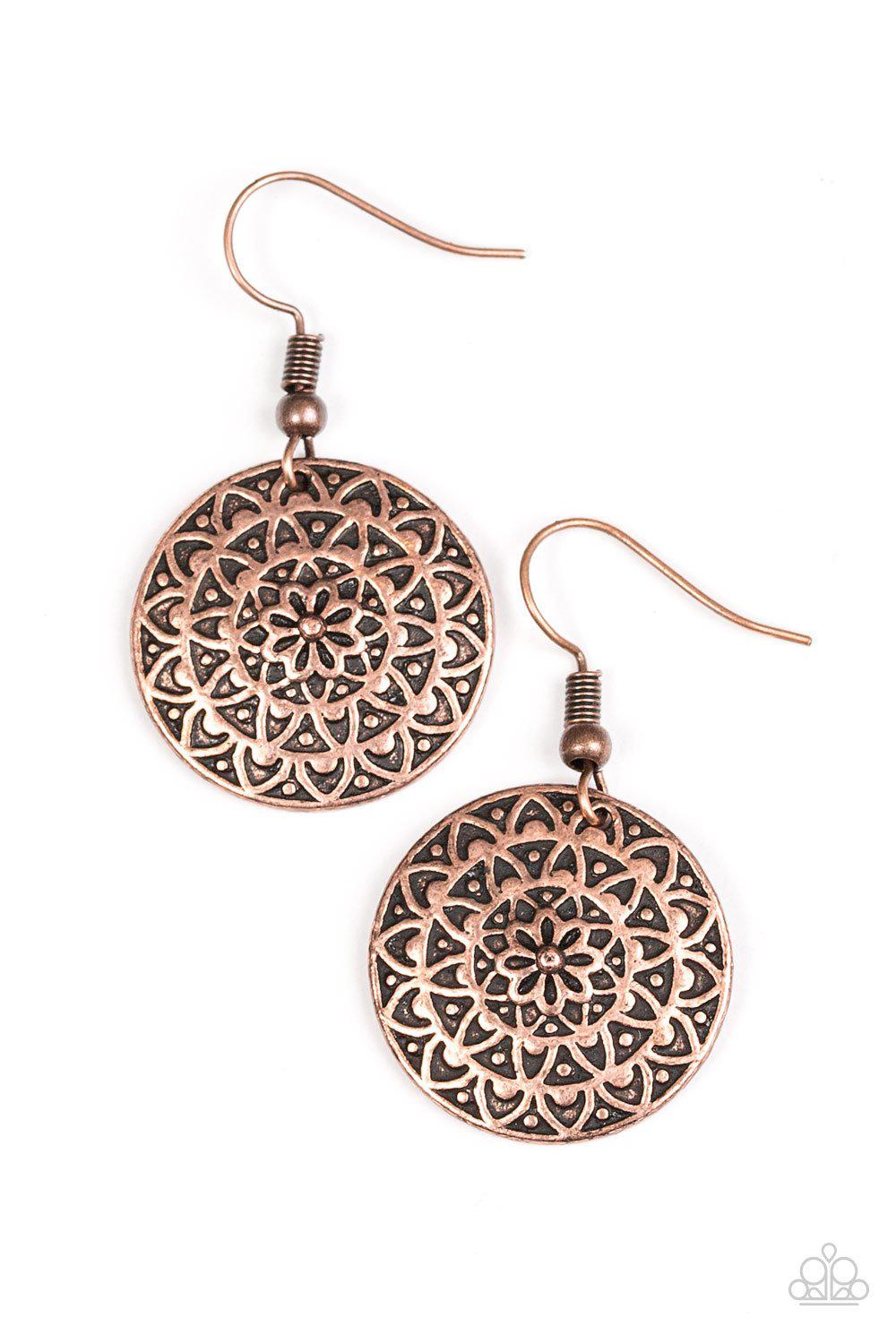 Sunflower Shimmer Copper Earrings - Paparazzi Accessories- on model - CarasShop.com - Paparazzi Jewelry by Cara Jewels