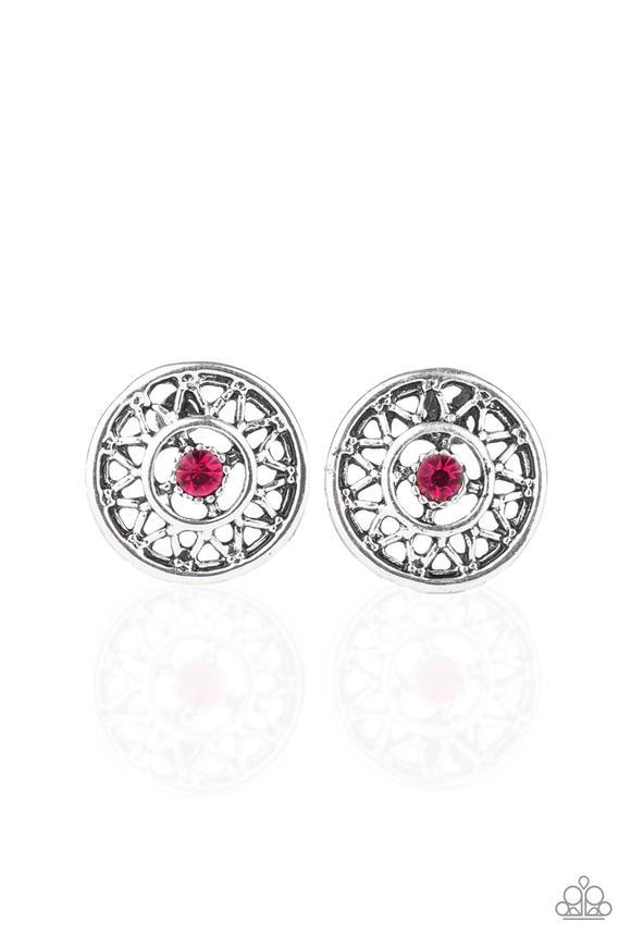 Sunlit Splendor Pink and Silver Post Earrings - Paparazzi Accessories- on model - CarasShop.com - Paparazzi Jewelry by Cara Jewels