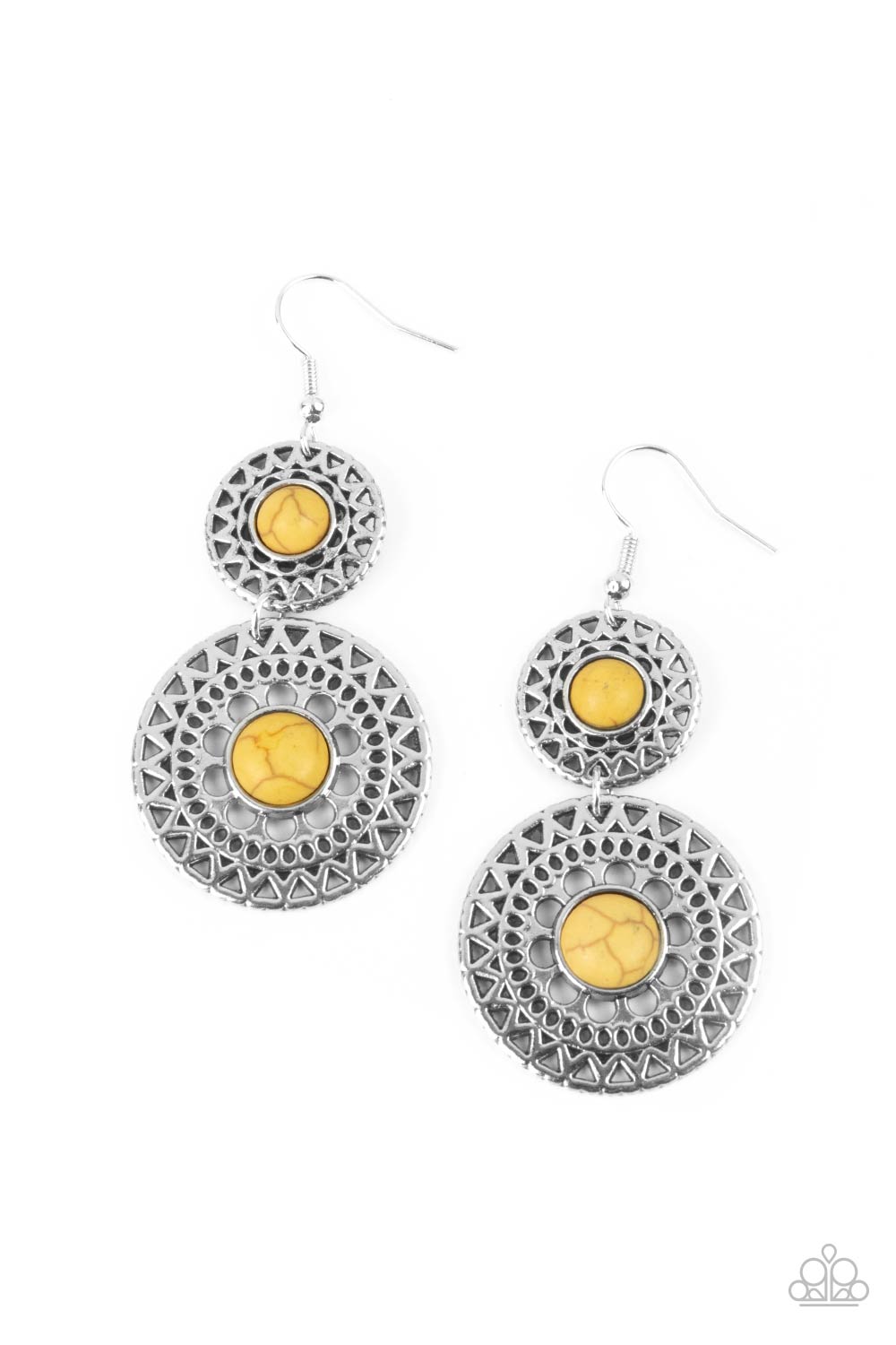 Sunny Sahara Yellow Stone and Silver Earrings - Paparazzi Accessories- lightbox - CarasShop.com - Paparazzi Jewelry by Cara Jewels