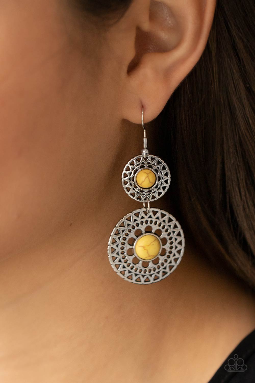 Sunny Sahara Yellow Stone and Silver Earrings - Paparazzi Accessories- on model - CarasShop.com - Paparazzi Jewelry by Cara Jewels