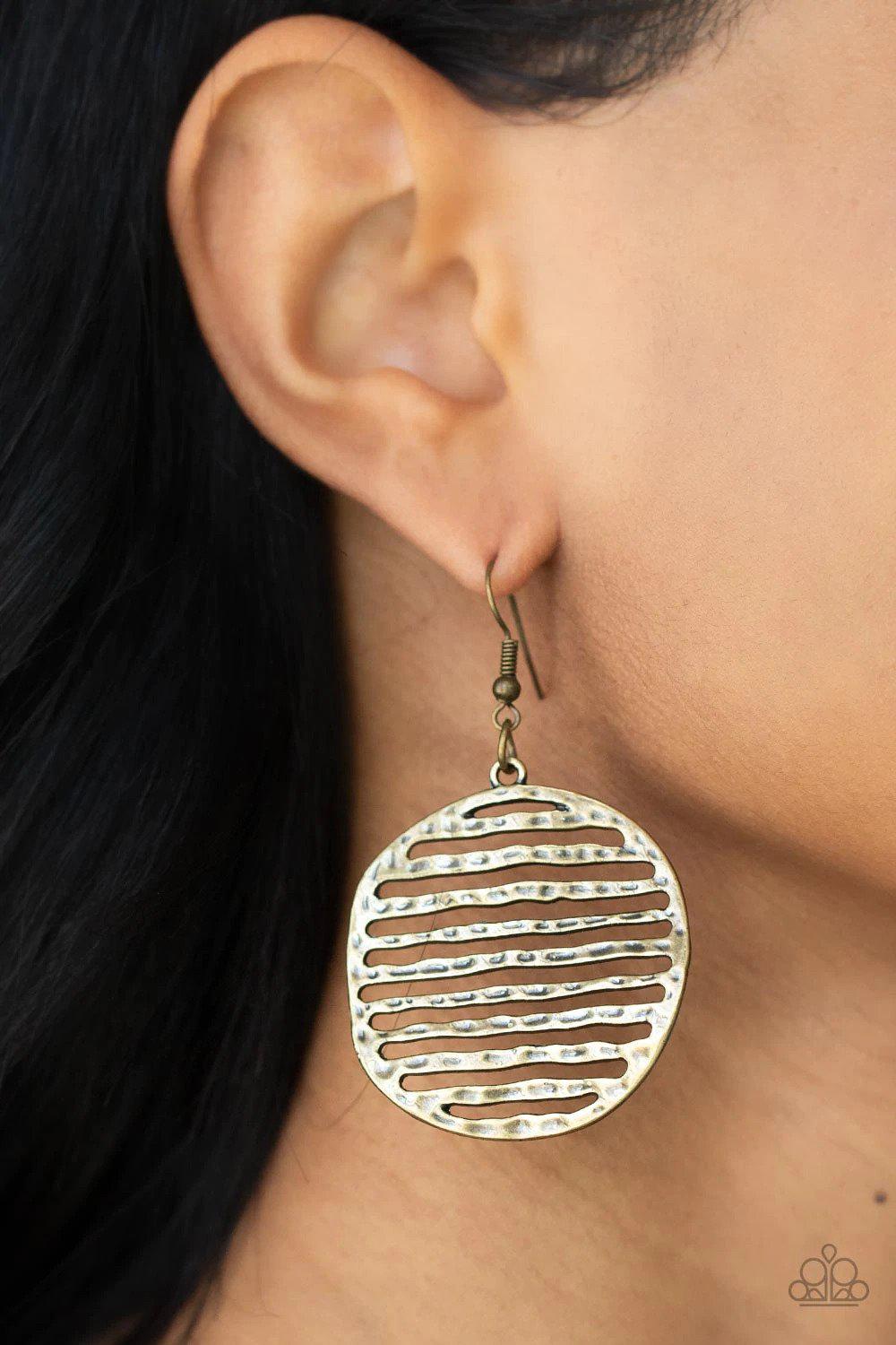 Sunrise Stunner Brass Earrings - Paparazzi Accessories- on model - CarasShop.com - Paparazzi Jewelry by Cara Jewels