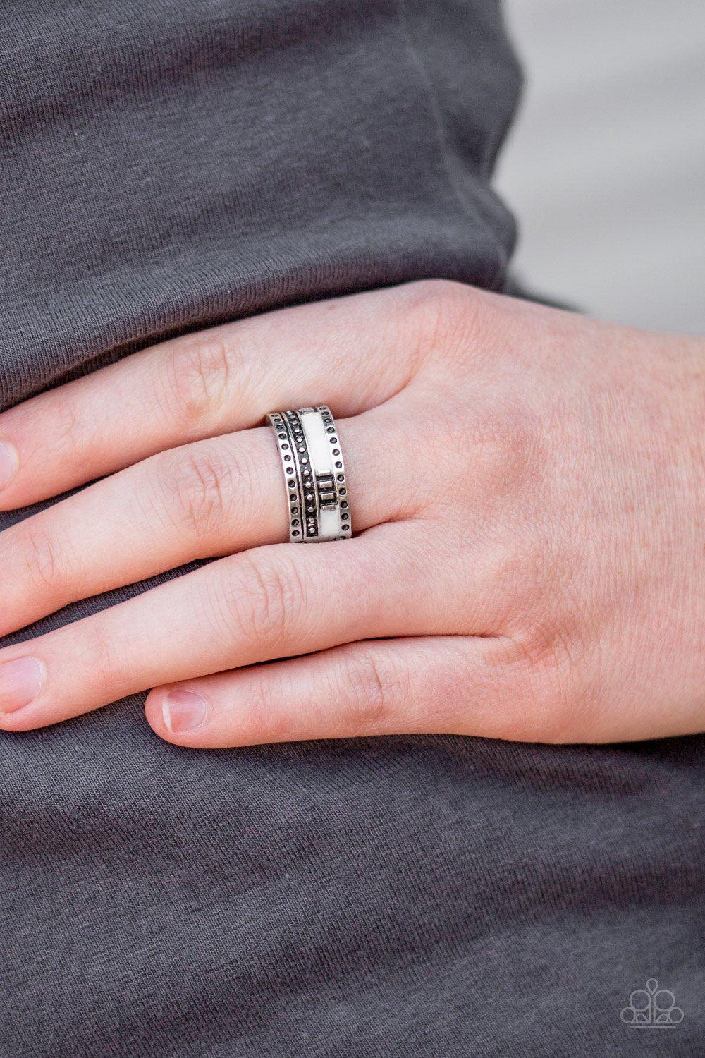 Super Summer Silver and White Ring - Paparazzi Accessories- on model - CarasShop.com - Paparazzi Jewelry by Cara Jewels