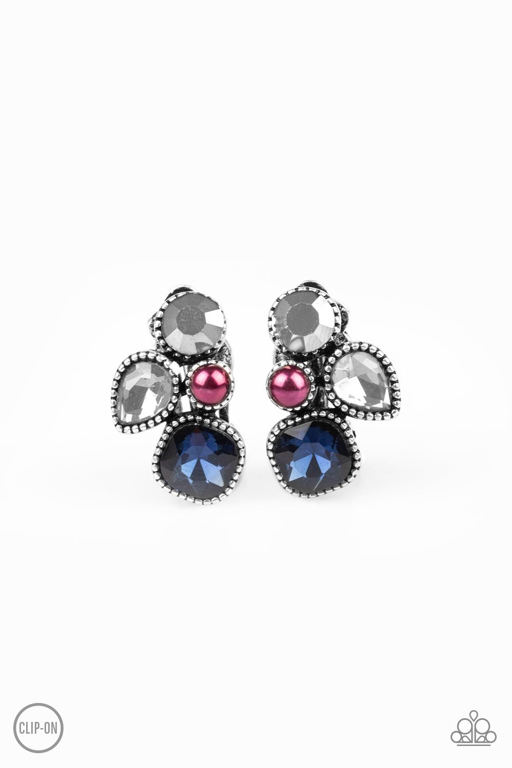 Super Superstar Multi Blue and Silver Clip On Earrings - Paparazzi Accessories- lightbox - CarasShop.com - Paparazzi Jewelry by Cara Jewels