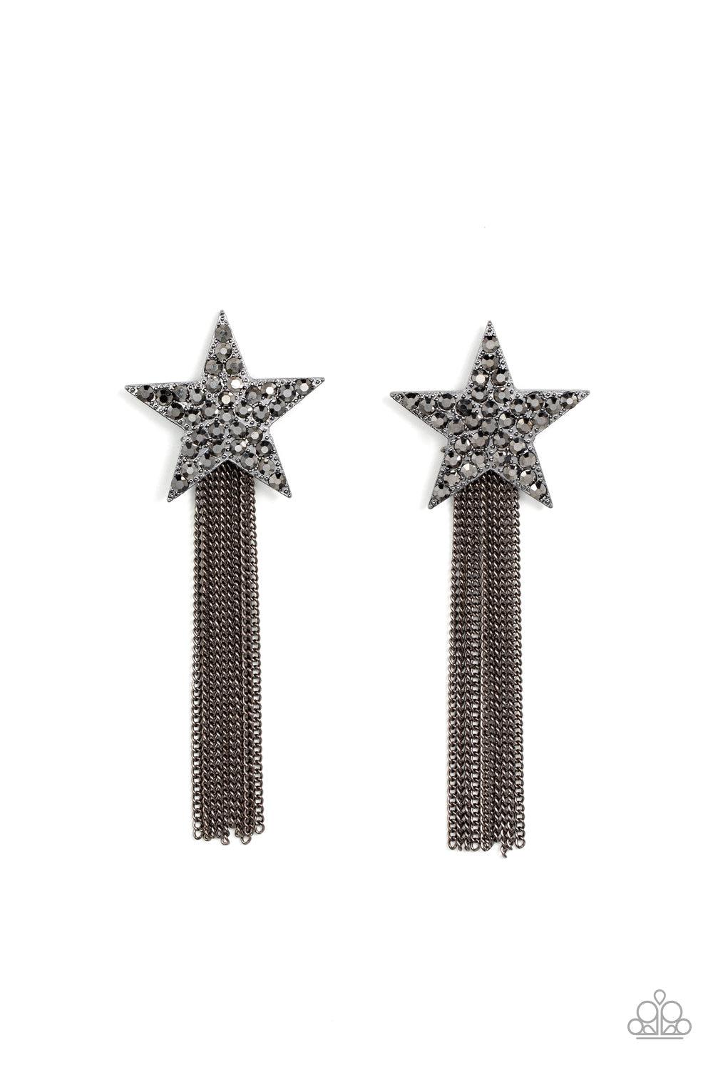 Superstar Solo Black & Hematite Rhinestone Earrings - Paparazzi Accessories- lightbox - CarasShop.com - Paparazzi Jewelry by Cara Jewels
