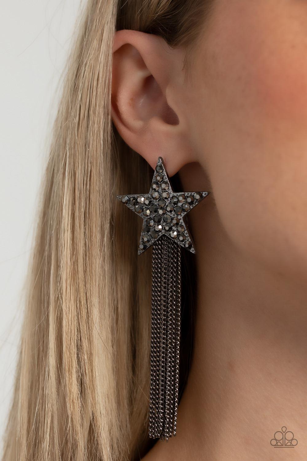 Superstar Solo Black & Hematite Rhinestone Earrings - Paparazzi Accessories- on model - CarasShop.com - Paparazzi Jewelry by Cara Jewels