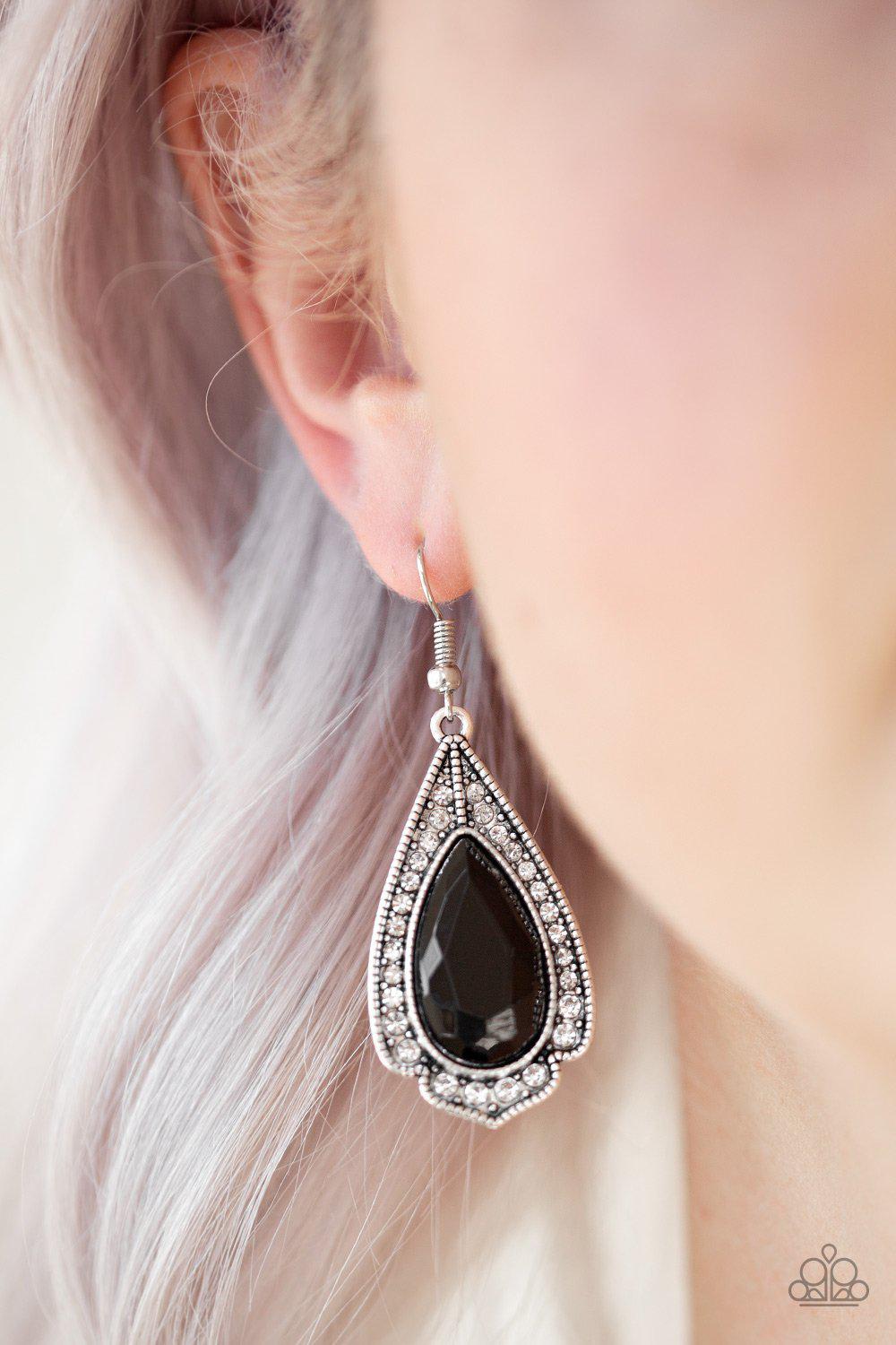 Superstar Stardom Black and White Rhinestone Earrings - Paparazzi Accessories- on model - CarasShop.com - Paparazzi Jewelry by Cara Jewels