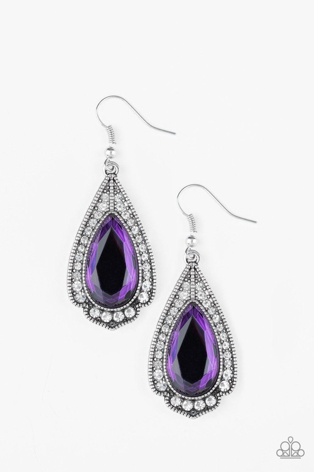 Superstar Stardom Purple Rhinestone Earrings - Paparazzi Accessories- lightbox - CarasShop.com - Paparazzi Jewelry by Cara Jewels