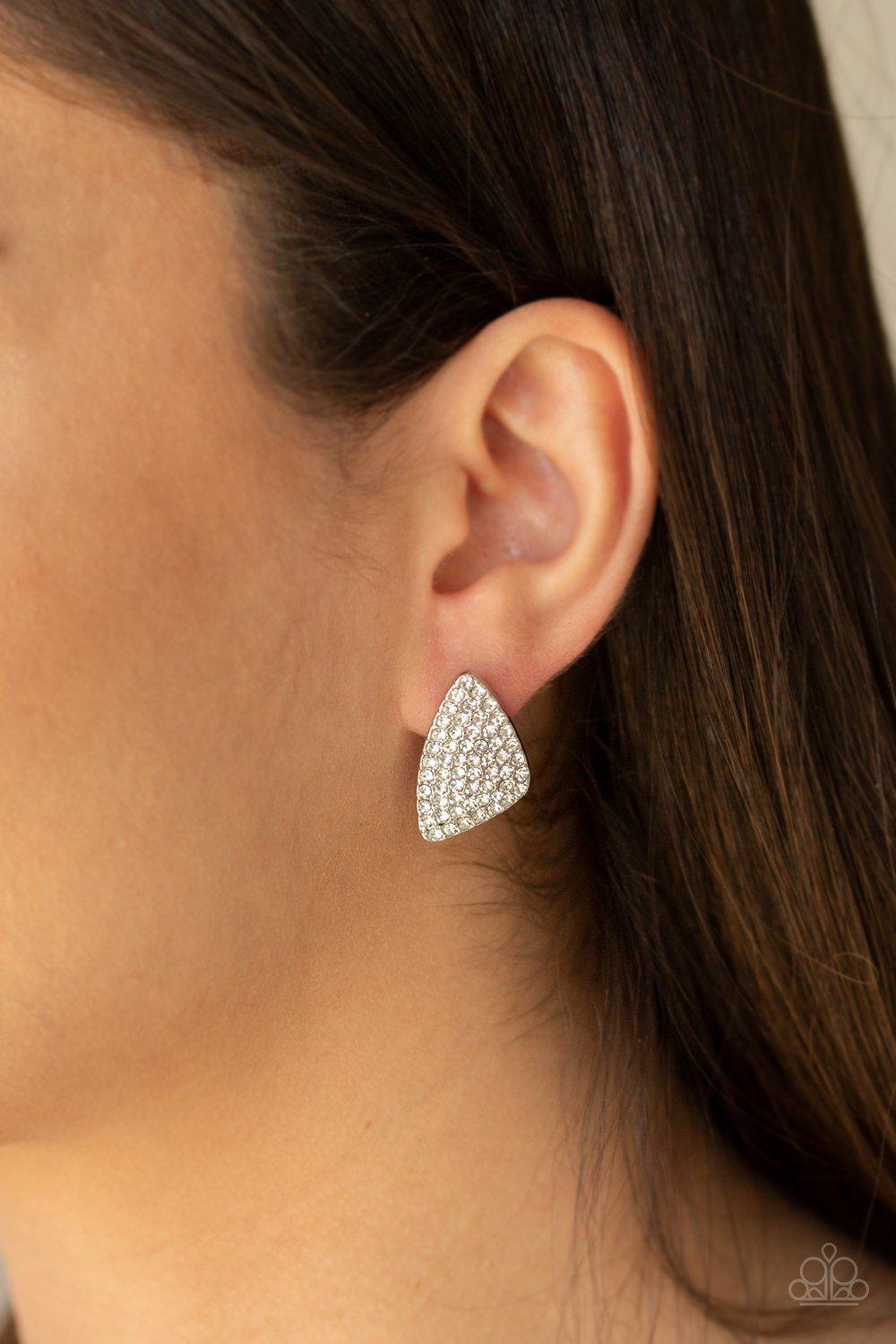 Supreme Sheen White Rhinestone Post Earrings - Paparazzi Accessories- on model - CarasShop.com - Paparazzi Jewelry by Cara Jewels