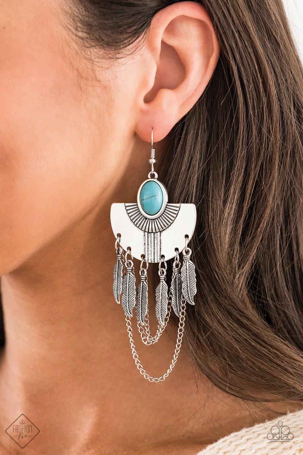 Sure Thing, Chief! Turquoise Blue Stone and Silver Feather Earrings - Paparazzi Accessories- lightbox - CarasShop.com - Paparazzi Jewelry by Cara Jewels