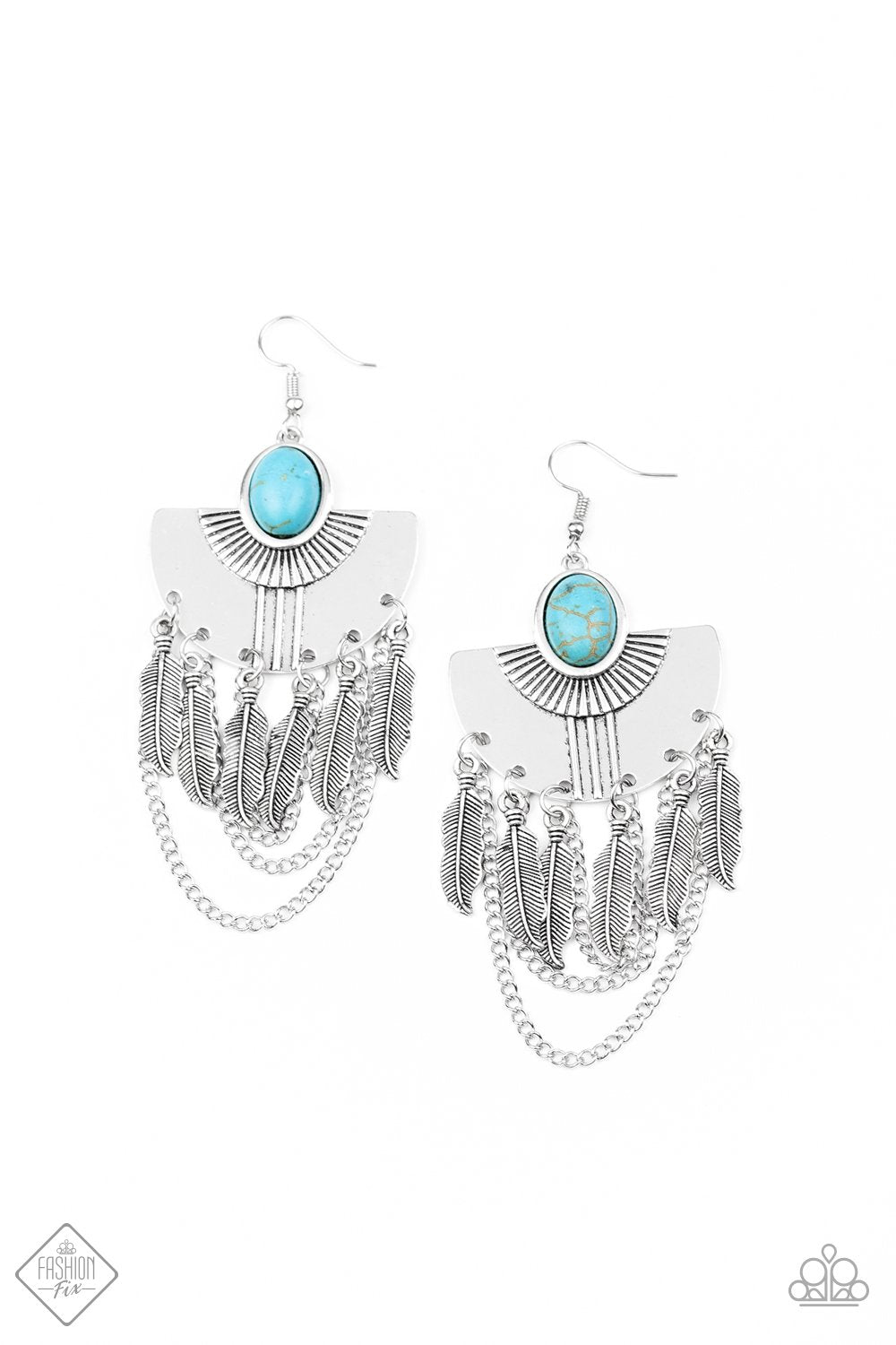 Sure Thing, Chief! Turquoise Blue Stone and Silver Feather Earrings - Paparazzi Accessories- on model - CarasShop.com - Paparazzi Jewelry by Cara Jewels
