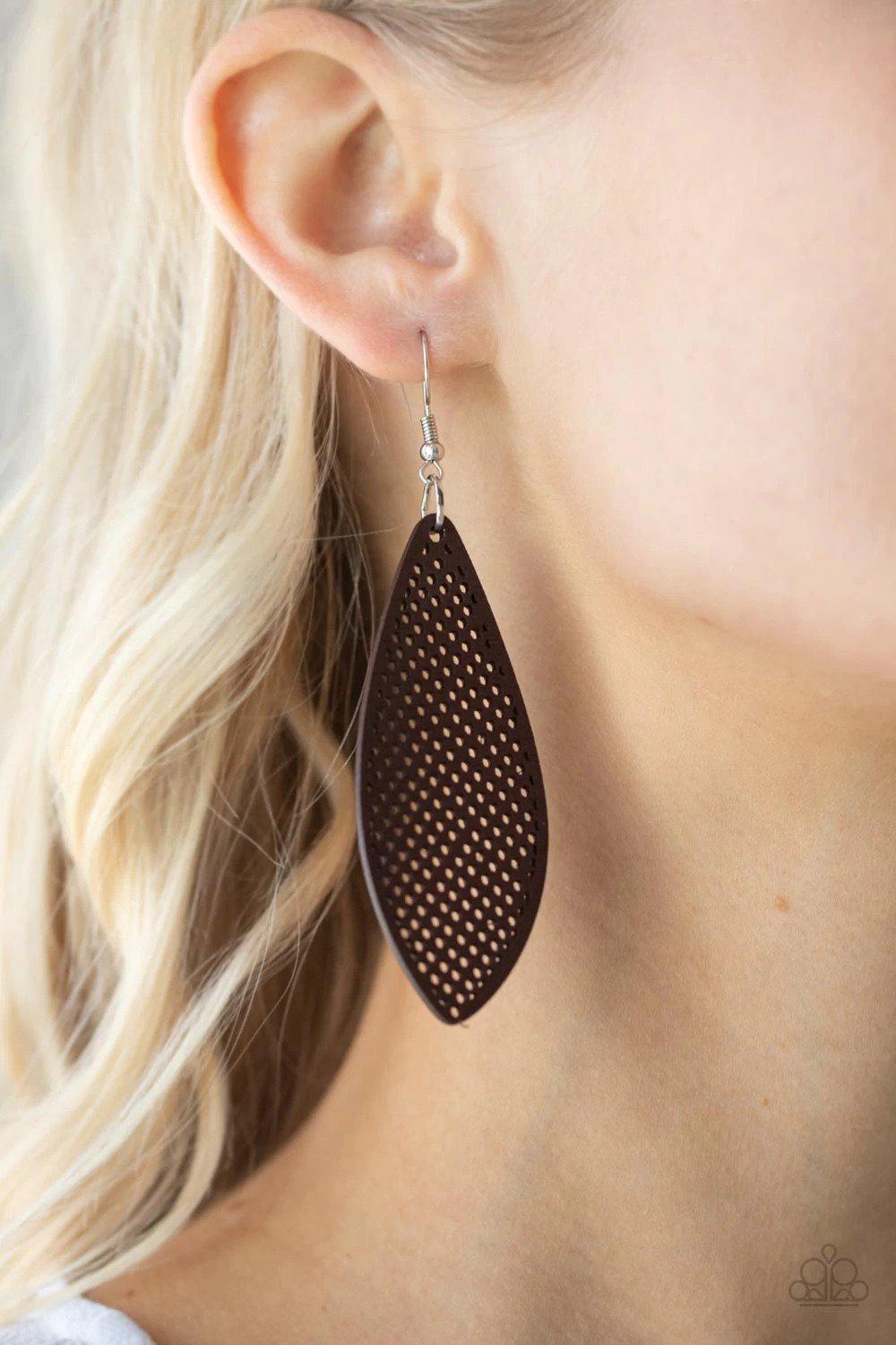 Surf Scene Brown Wood Earrings - Paparazzi Accessories- on model - CarasShop.com - Paparazzi Jewelry by Cara Jewels
