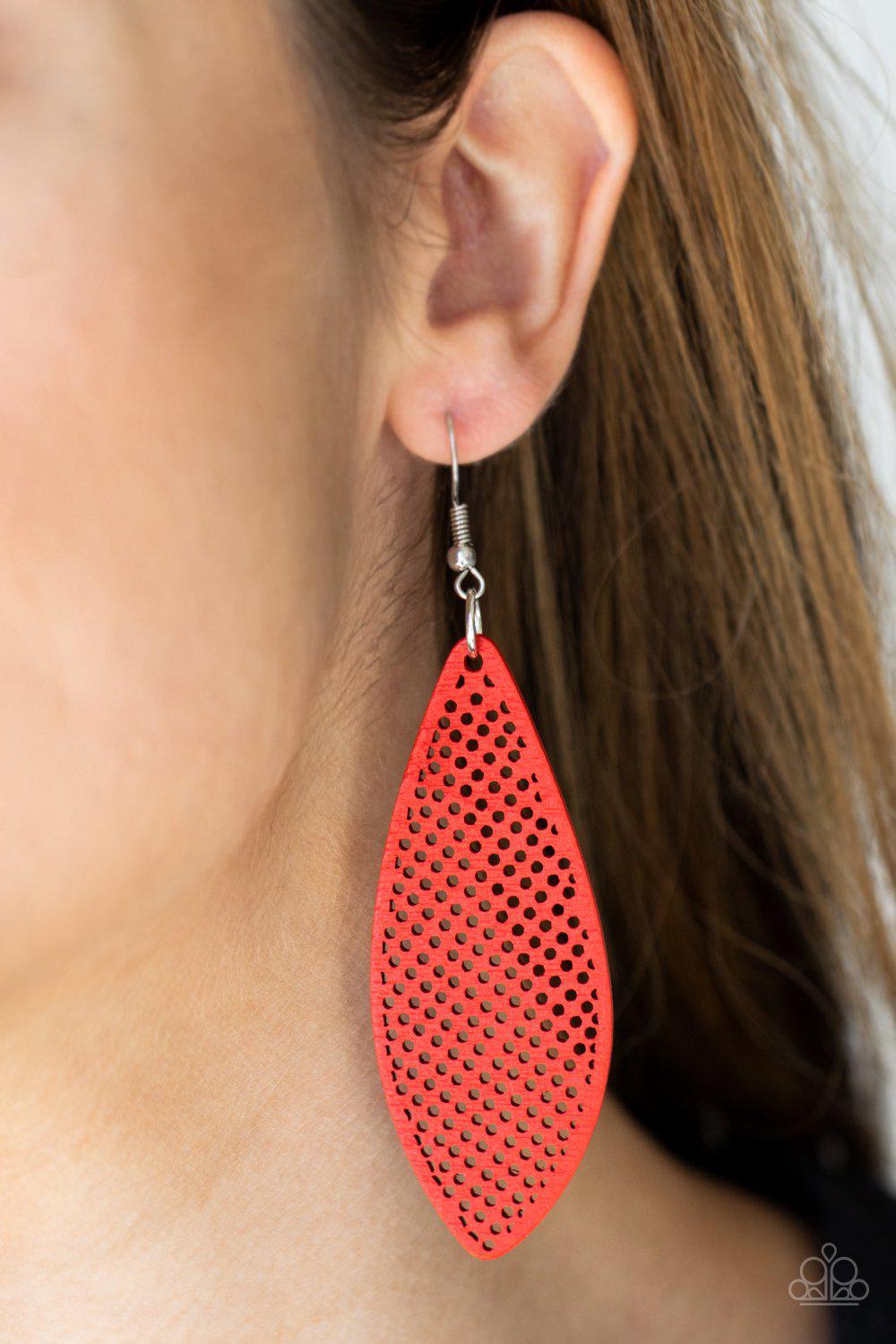 Surf Scene Red Wood Earrings - Paparazzi Accessories- on model - CarasShop.com - Paparazzi Jewelry by Cara Jewels