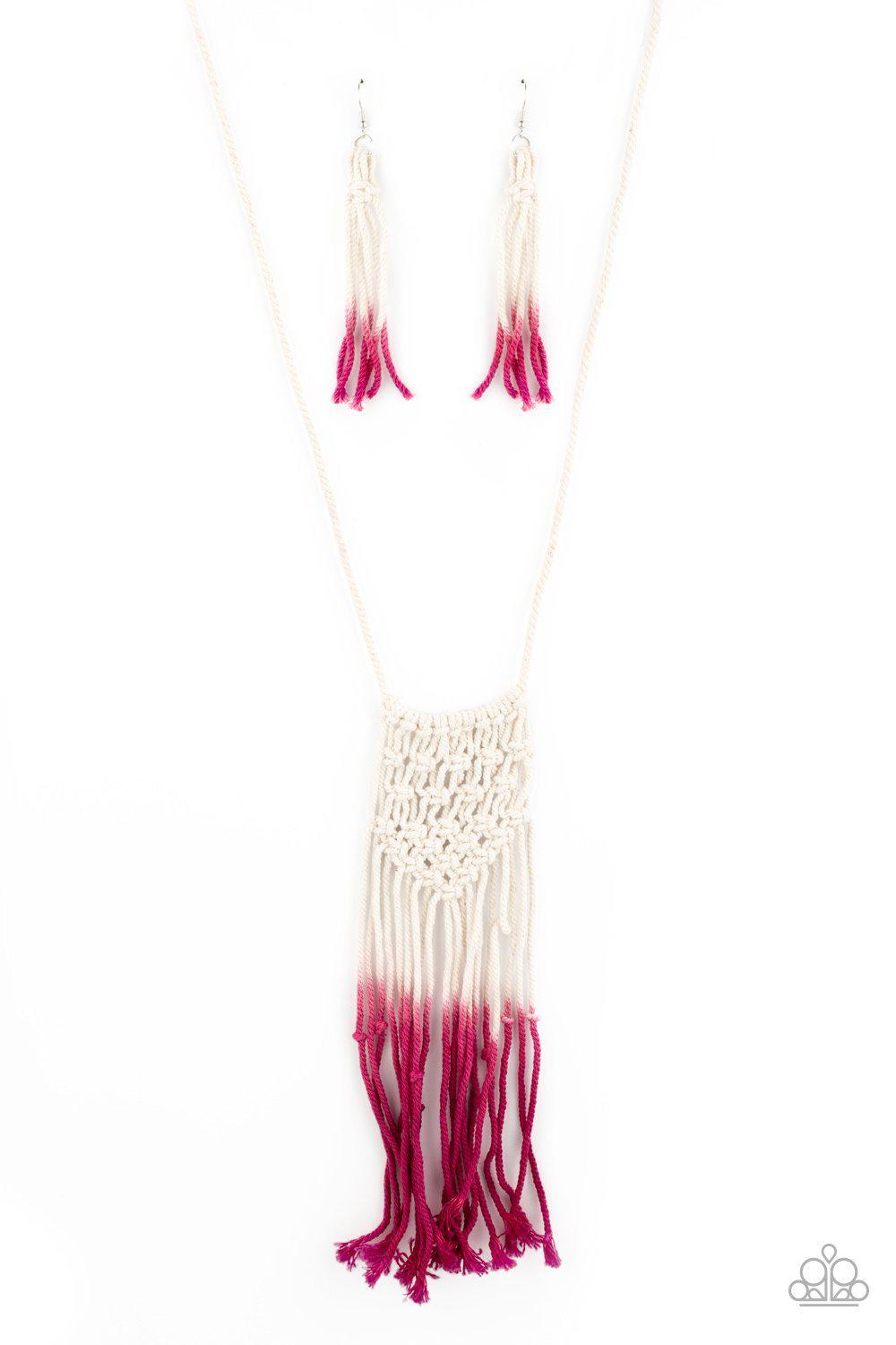 Surfin' The Net Pink and Off-white Macrame Necklace - Paparazzi Accessories- lightbox - CarasShop.com - Paparazzi Jewelry by Cara Jewels