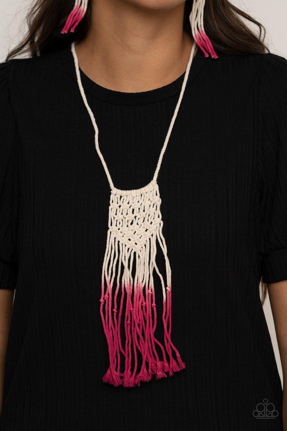 Surfin' The Net Pink and Off-white Macrame Necklace - Paparazzi Accessories- lightbox - CarasShop.com - Paparazzi Jewelry by Cara Jewels