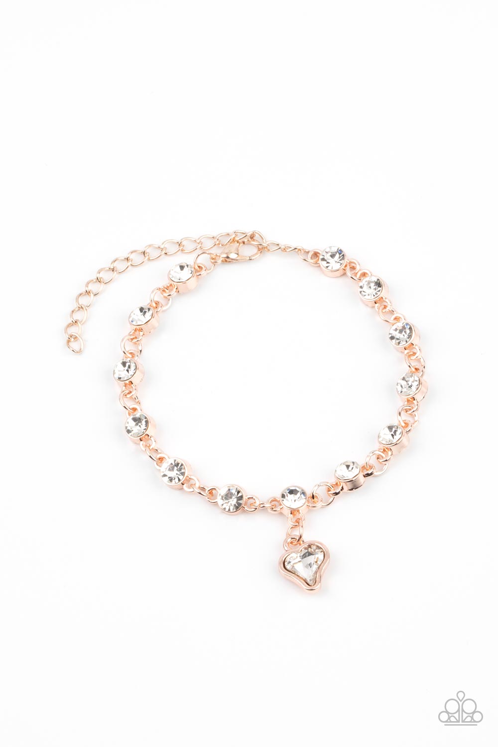 Sweet Sixteen Rose Gold and White Rhinestone Heart Charm Bracelet - Paparazzi Accessories- lightbox - CarasShop.com - Paparazzi Jewelry by Cara Jewels